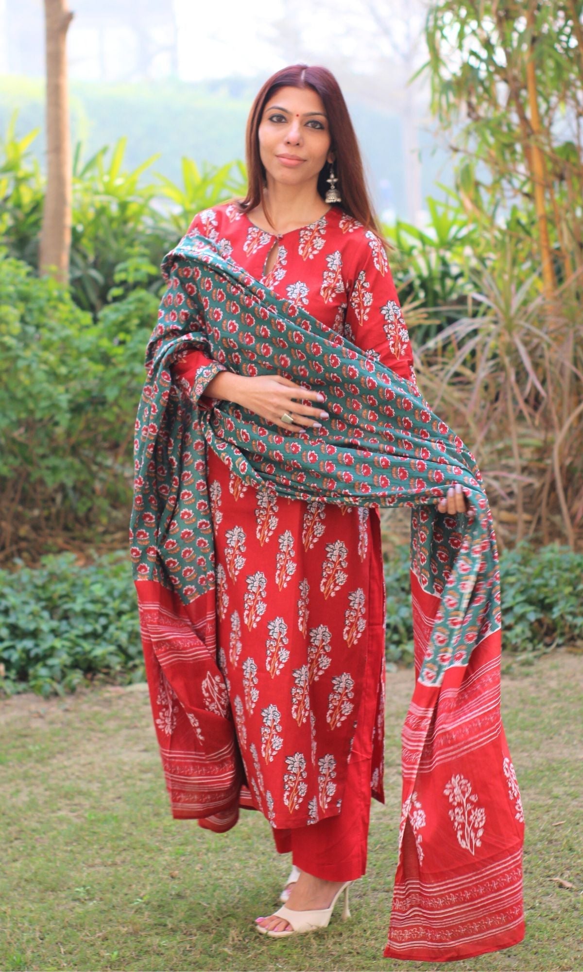 Cotton Sanganeri Print Red Suit Set with Printed Cotton Dupatta