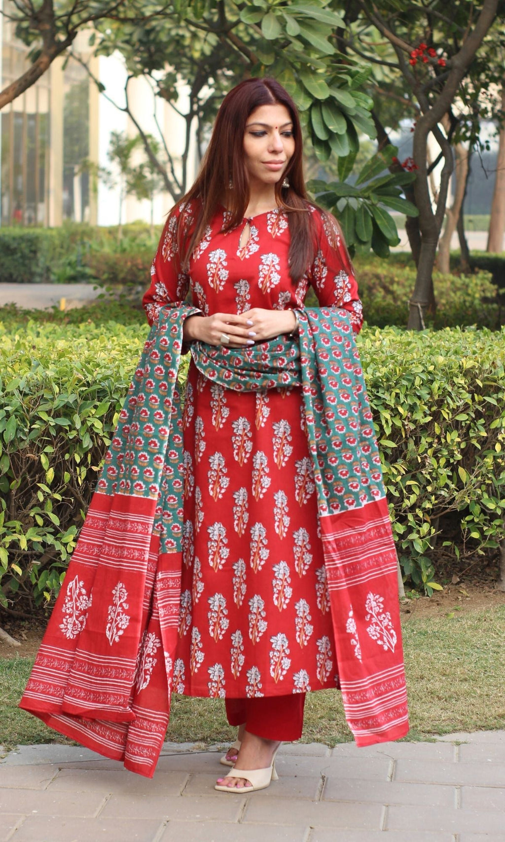 Cotton Sanganeri Print Red Suit Set with Printed Cotton Dupatta