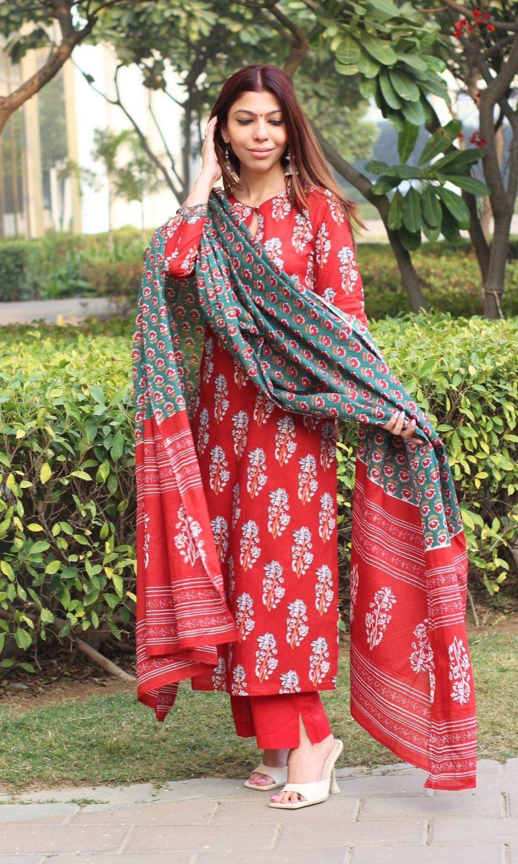 Cotton Sanganeri Print Red Suit Set with Printed Cotton Dupatta