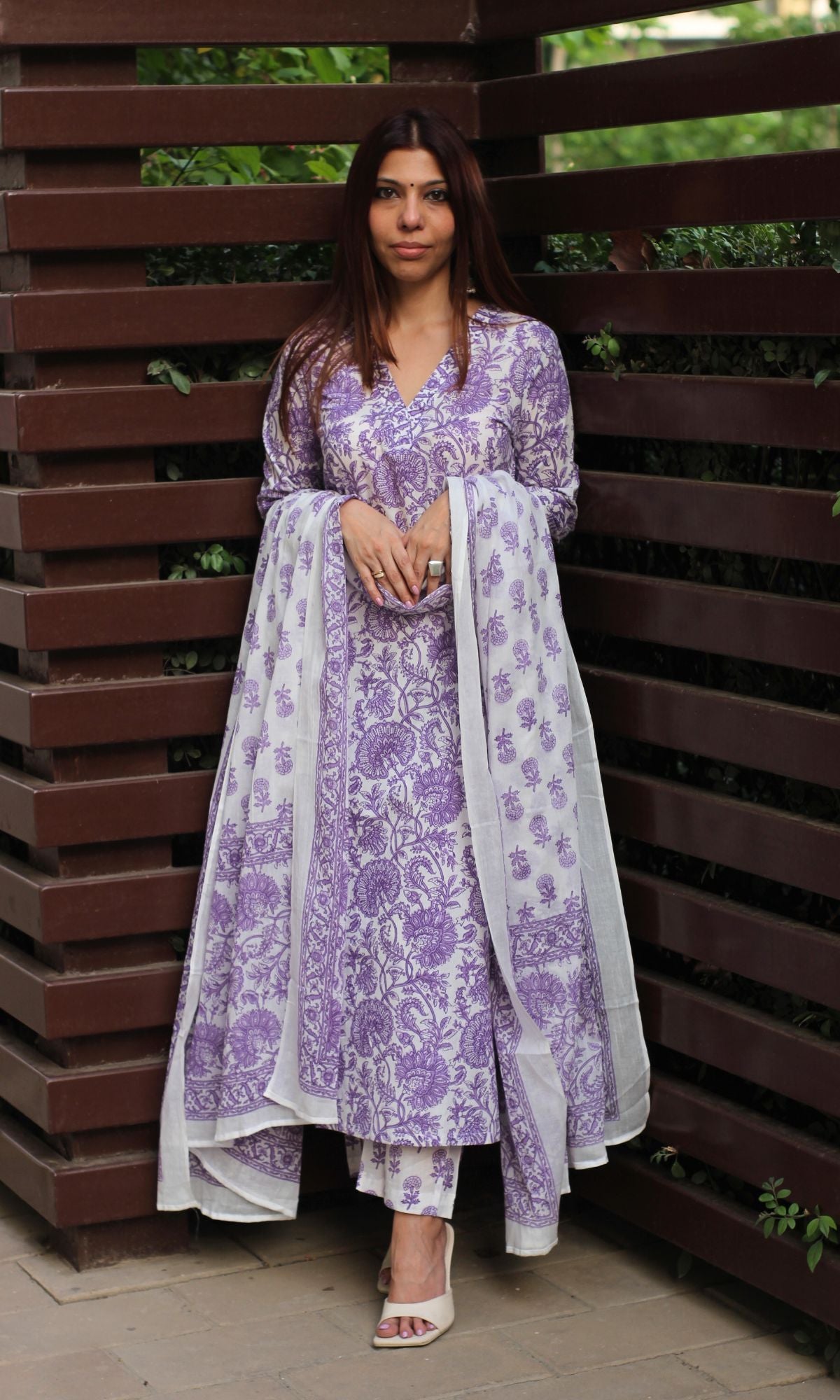 Cotton Sanganeri White & Purple Suit Set with Printed Cotton Dupatta