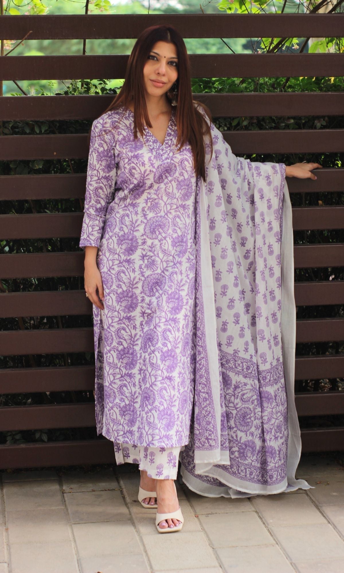 Cotton Sanganeri White & Purple Suit Set with Printed Cotton Dupatta