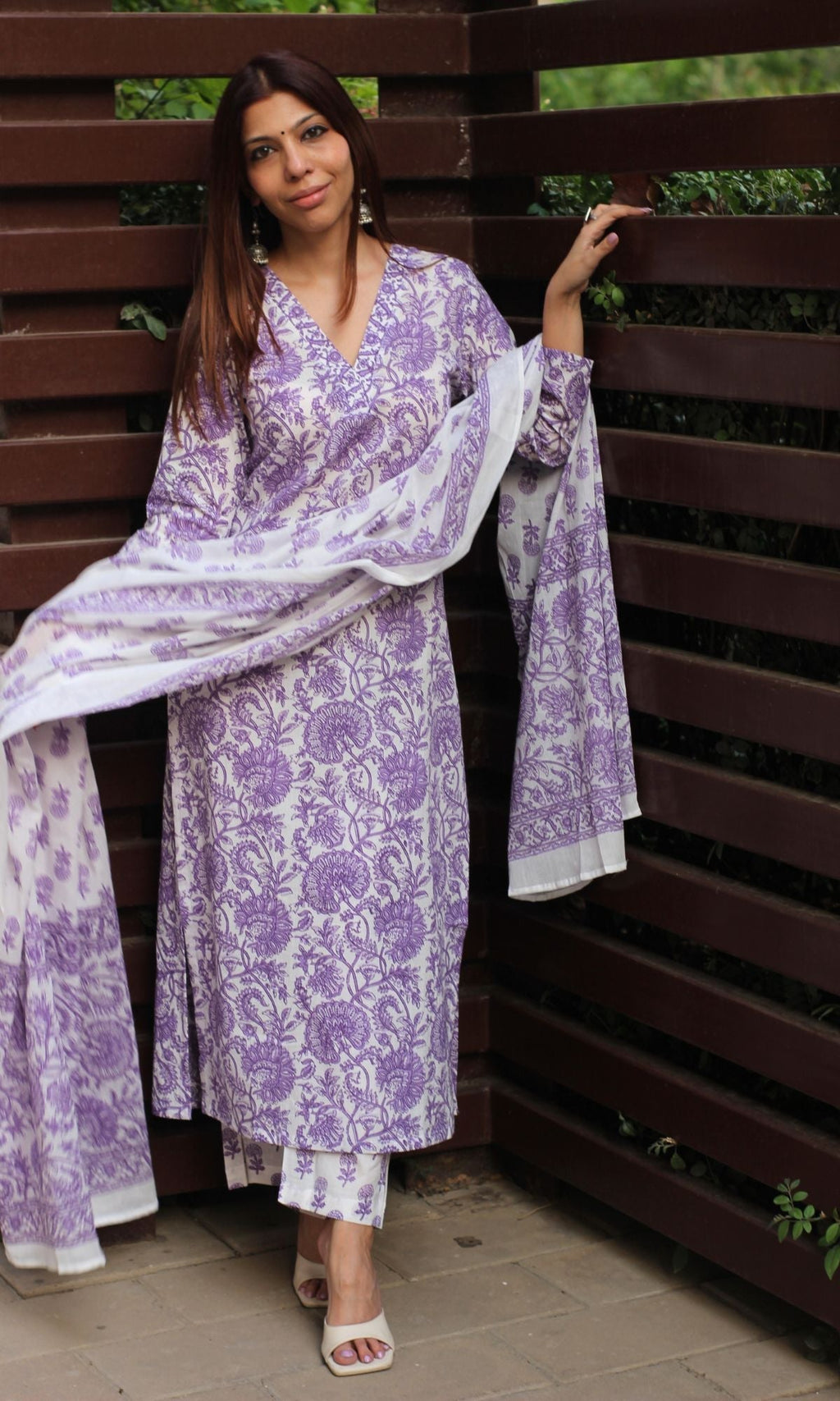 Cotton Sanganeri White & Purple Suit Set with Printed Cotton Dupatta