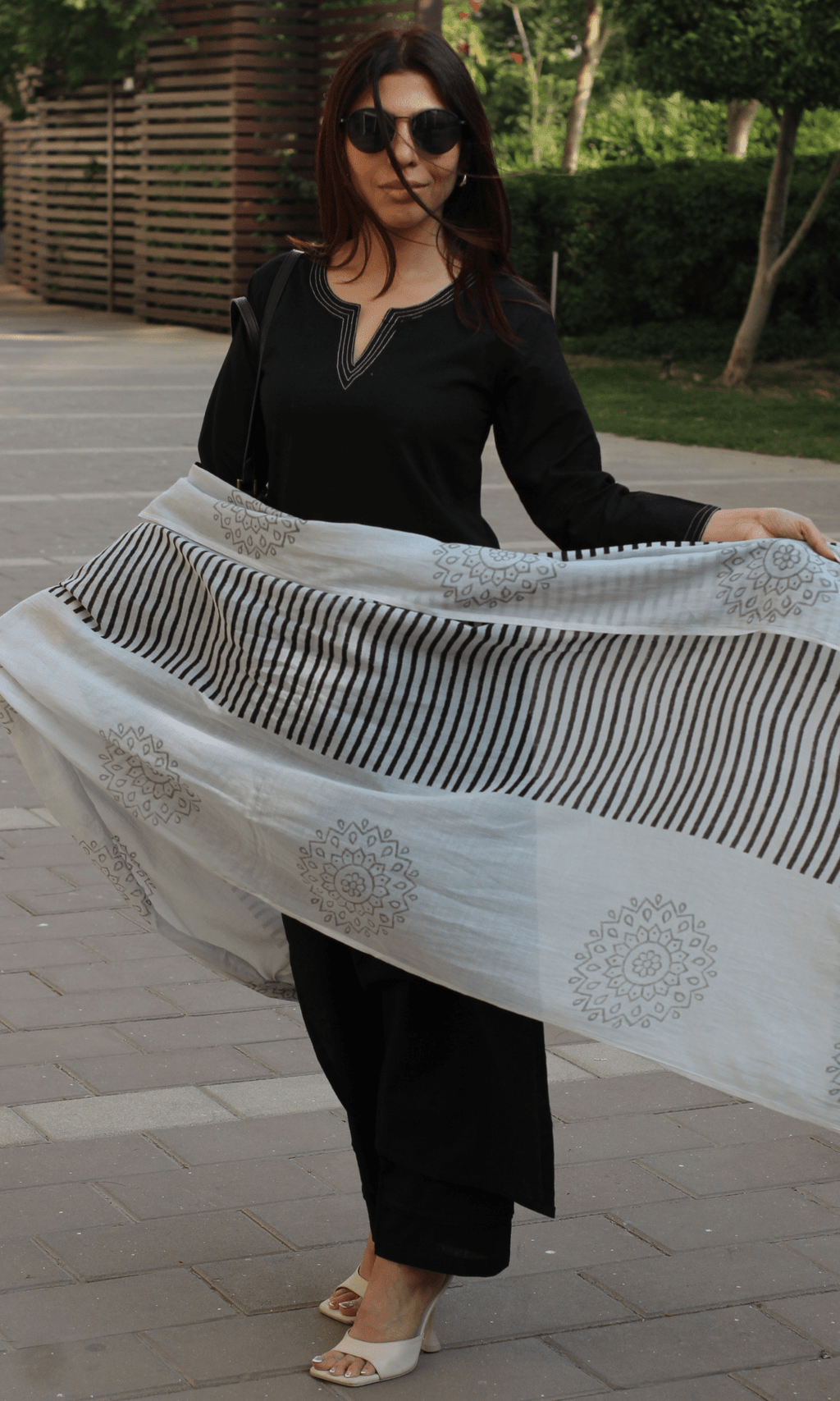 Cotton Slub Black & White Suit with Mul Line-wave Dupatta