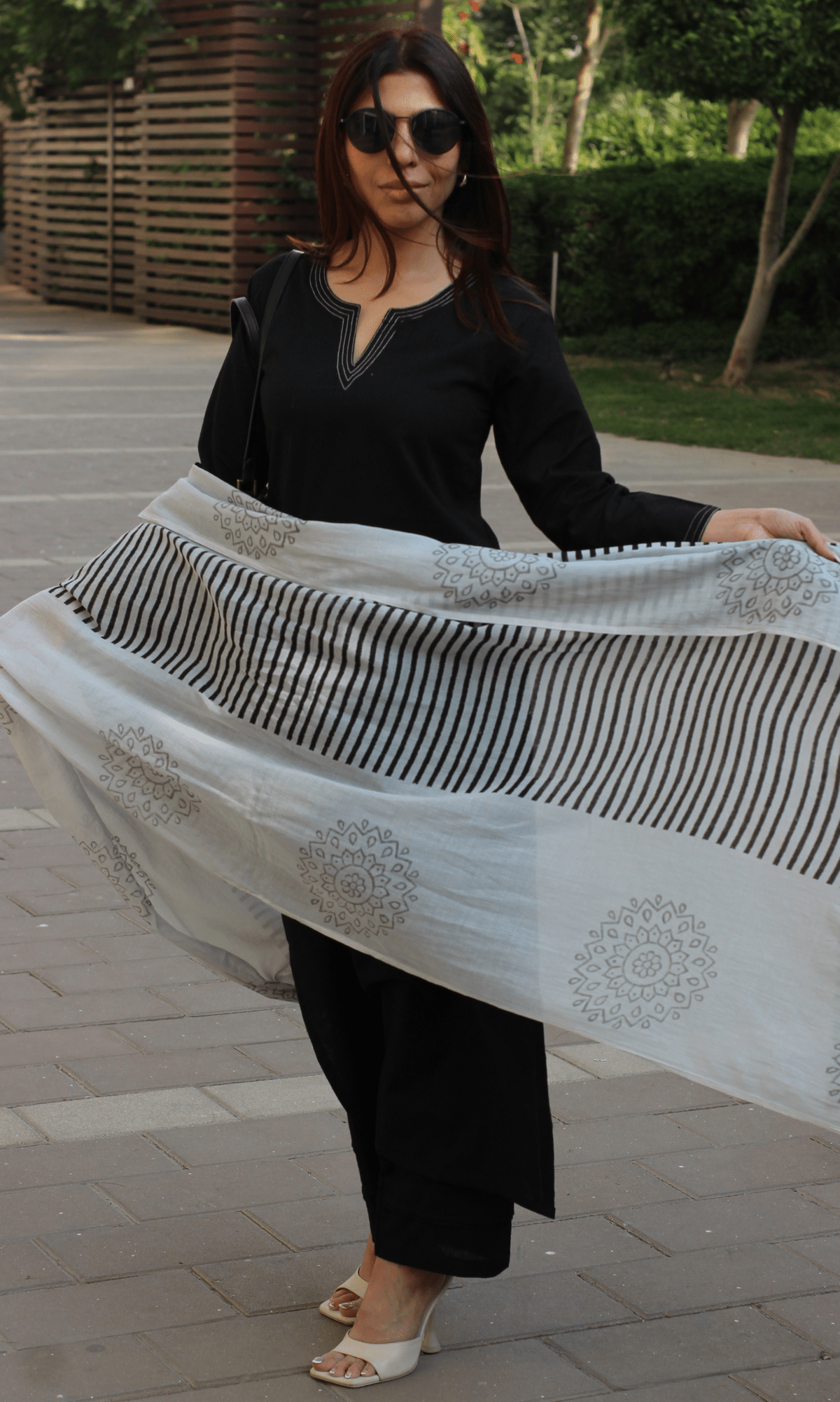 Cotton Slub Black & White Suit with Mul Line-wave Dupatta