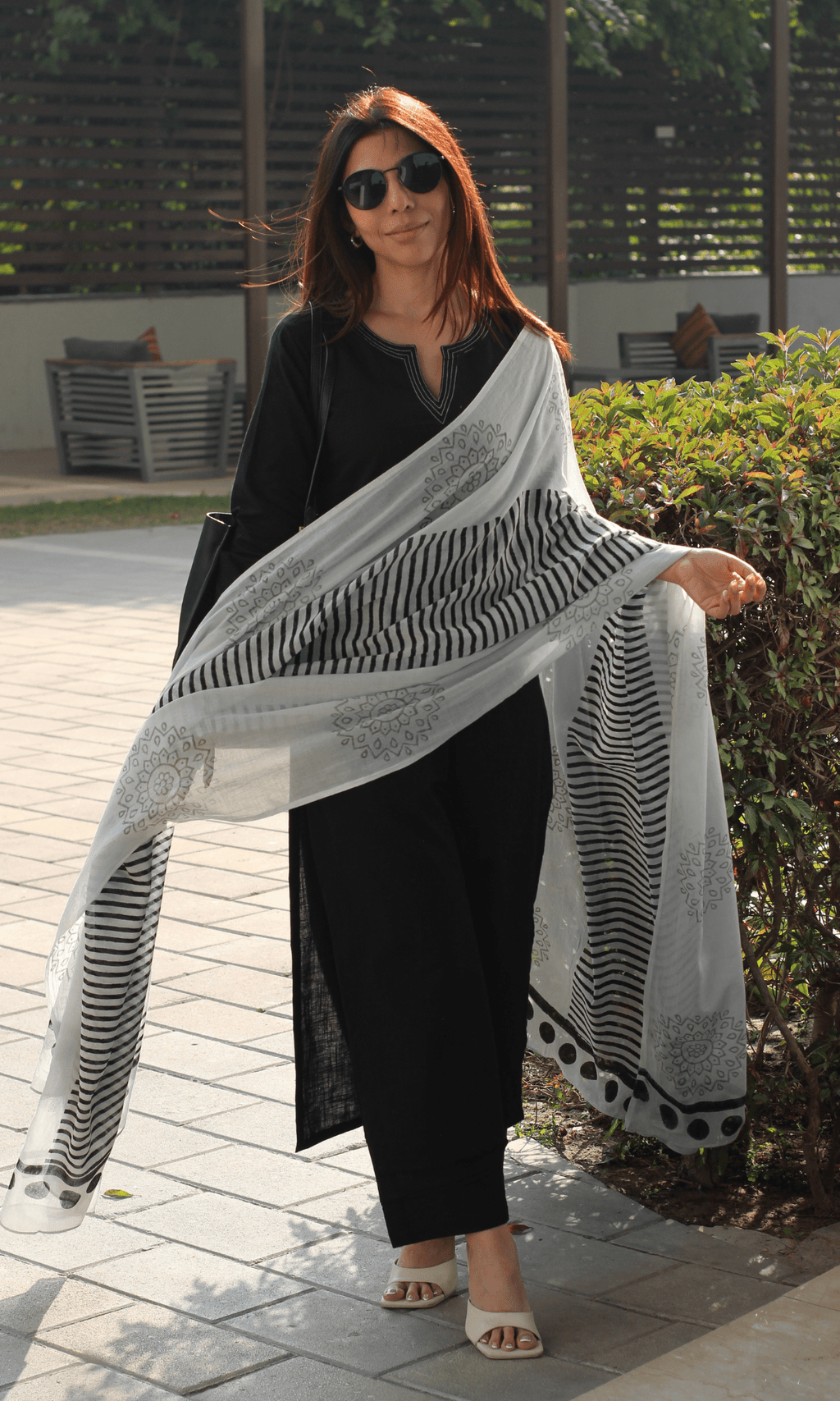 Cotton Slub Black & White Suit with Mul Line-wave Dupatta