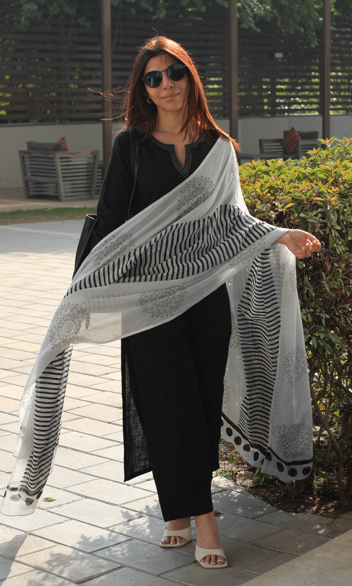 Cotton Slub Black & White Suit with Mul Line-wave Dupatta