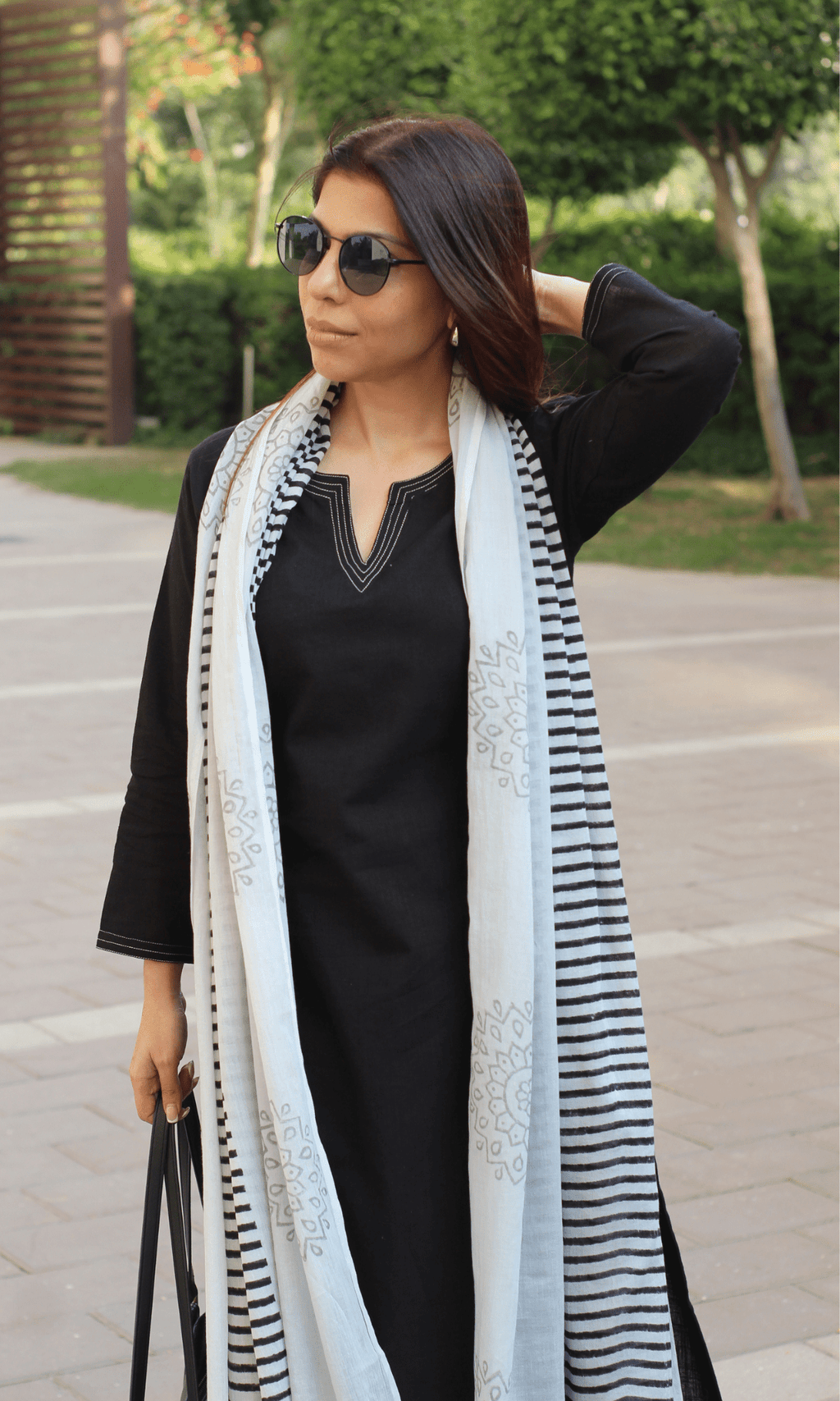 Cotton Slub Black & White Suit with Mul Line-wave Dupatta