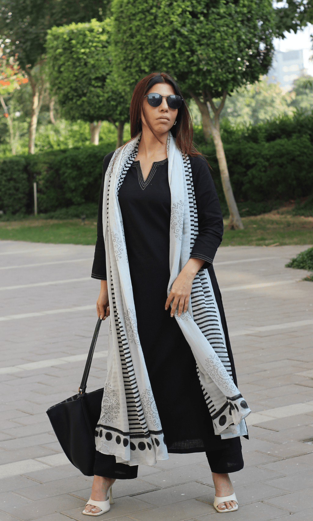 Cotton Slub Black & White Suit with Mul Line-wave Dupatta