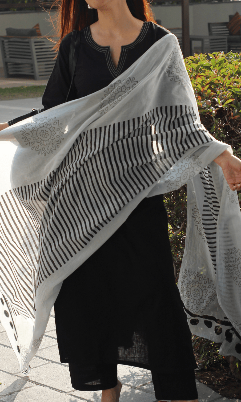 Cotton Slub Black & White Suit with Mul Line-wave Dupatta