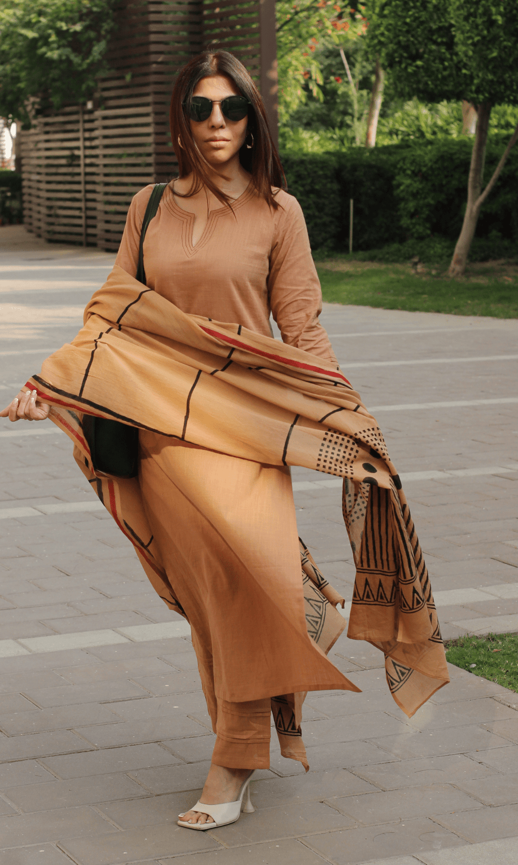 Cotton Slub Latte Brown Suit with Mul Line-wave Dupatta