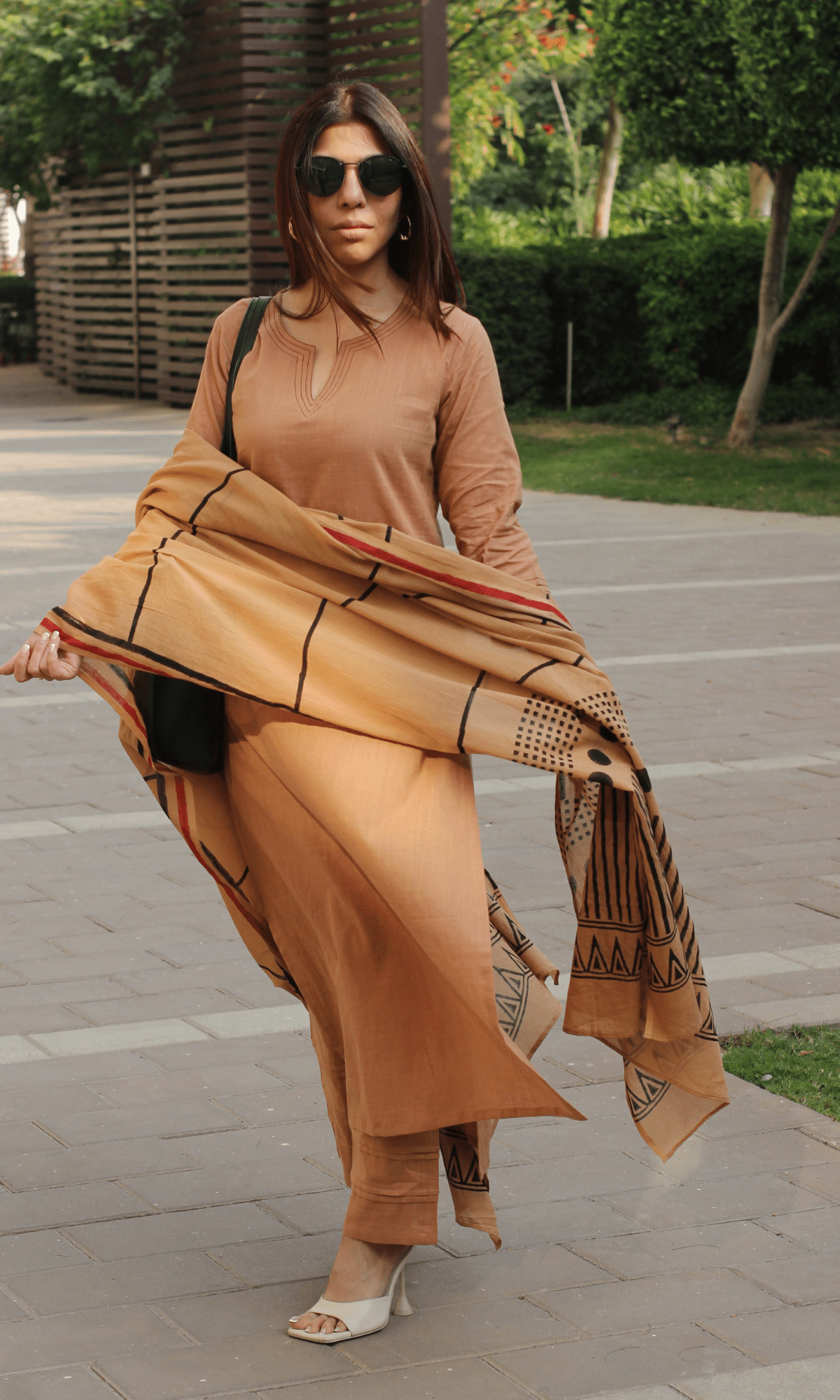 Cotton Slub Latte Brown Suit with Mul Line-wave Dupatta