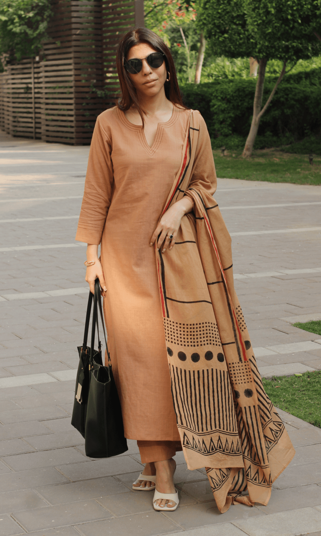 Cotton Slub Latte Brown Suit with Mul Line-wave Dupatta
