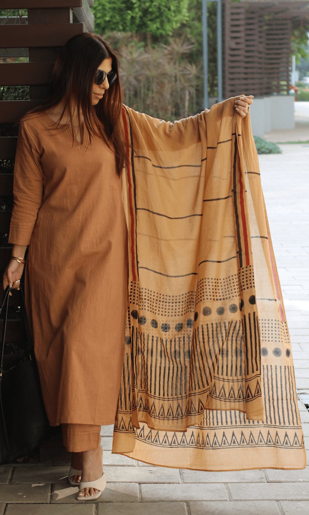 Cotton Slub Latte Brown Suit with Mul Line-wave Dupatta