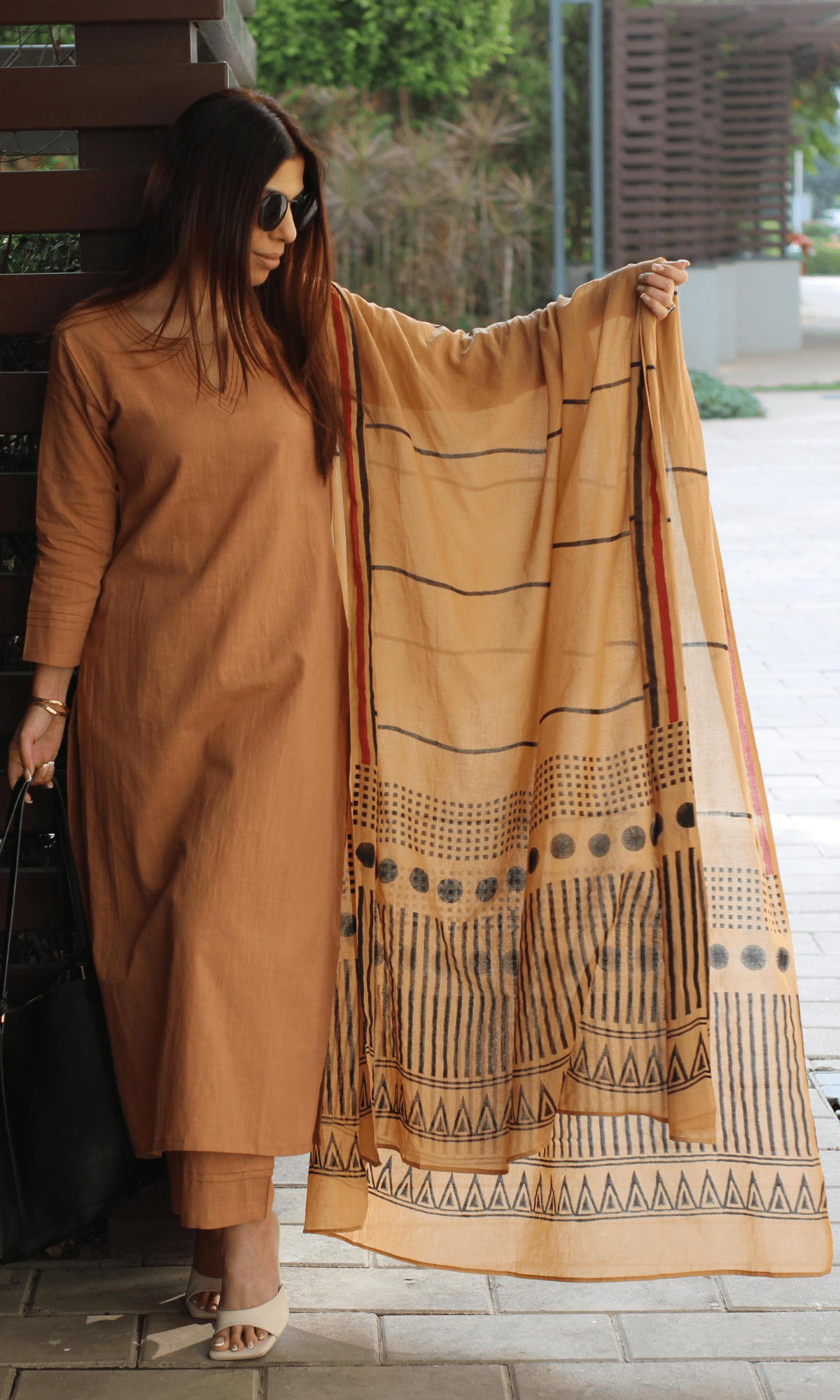 Cotton Slub Latte Brown Suit with Mul Line-wave Dupatta
