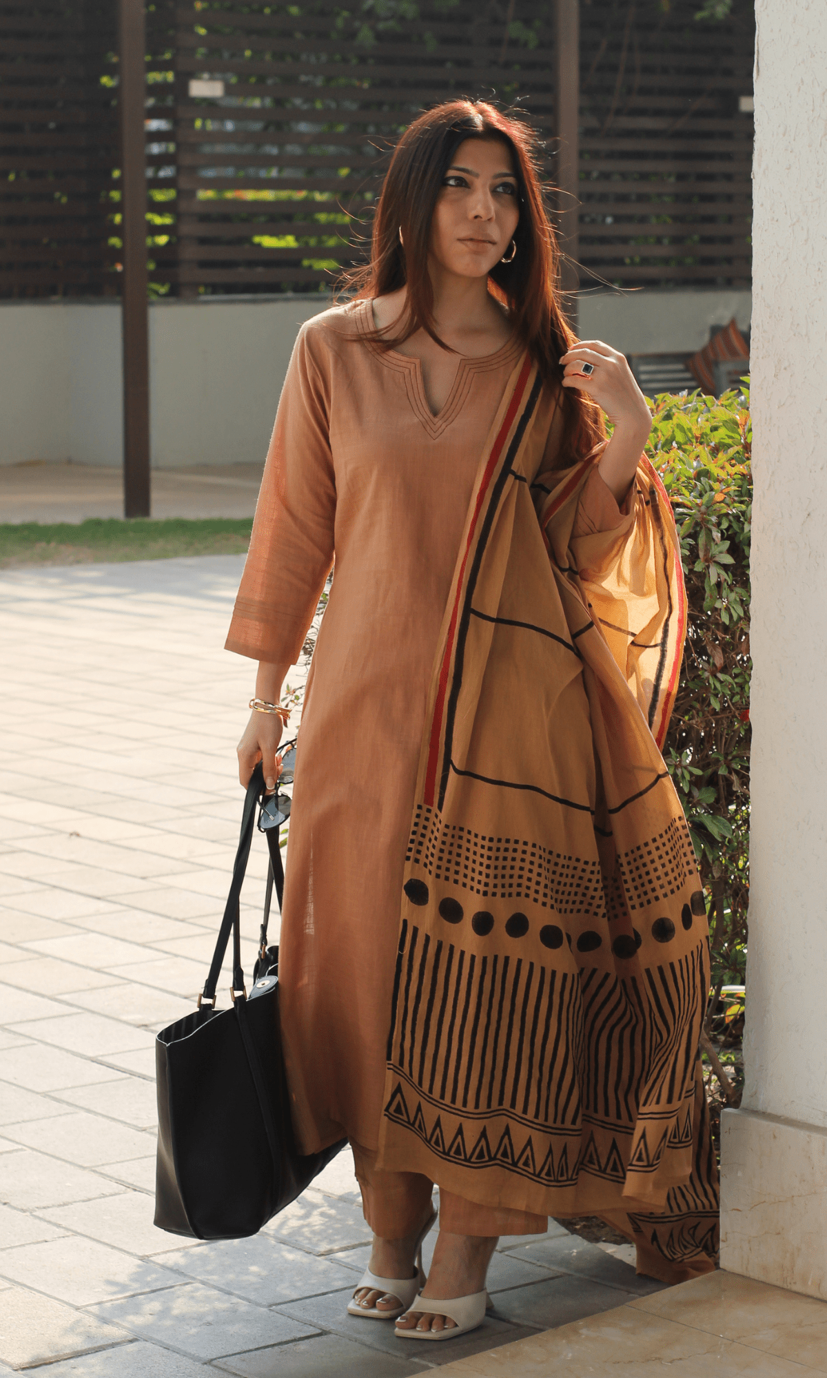 Cotton Slub Latte Brown Suit with Mul Line-wave Dupatta