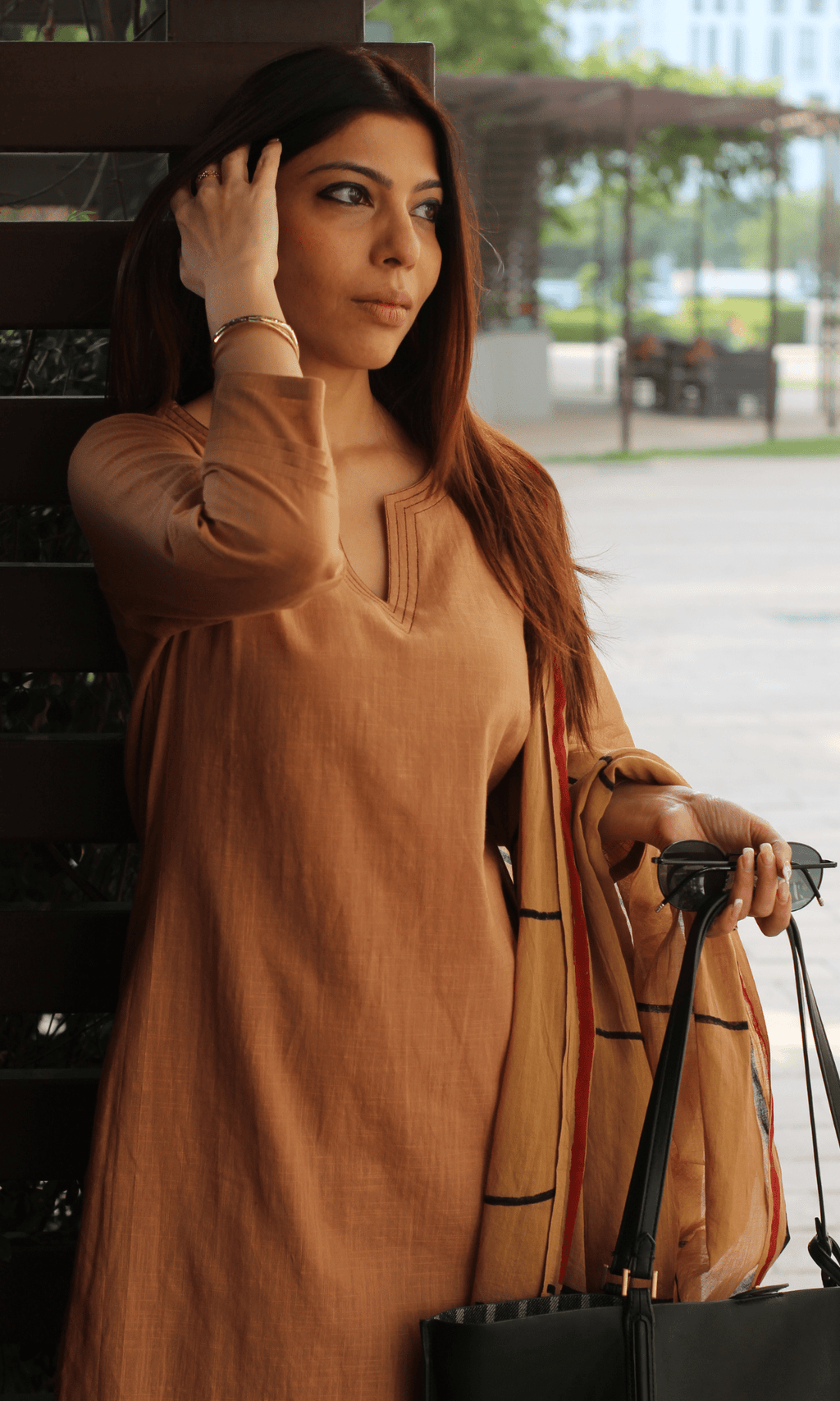 Cotton Slub Latte Brown Suit with Mul Line-wave Dupatta
