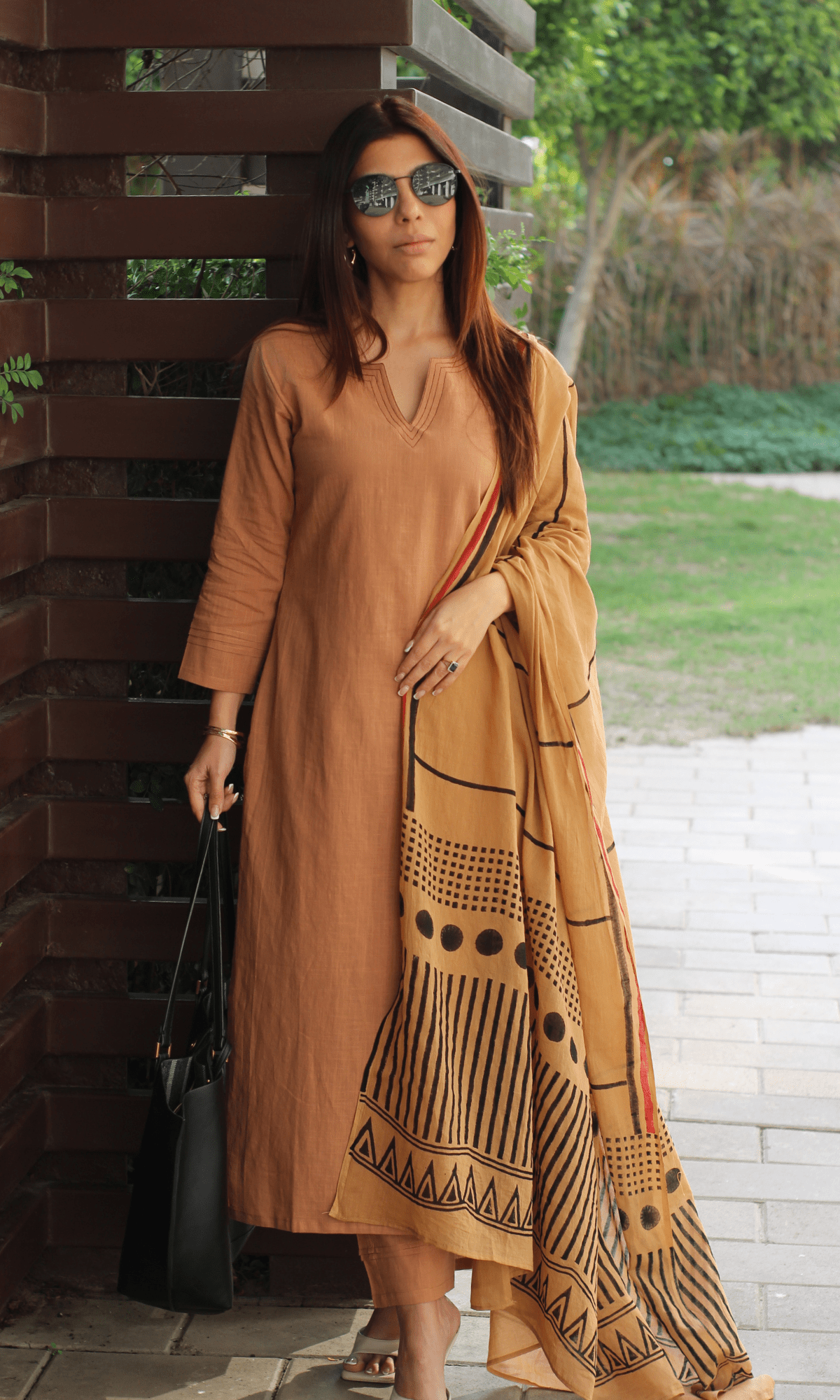 Cotton Slub Latte Brown Suit with Mul Line-wave Dupatta