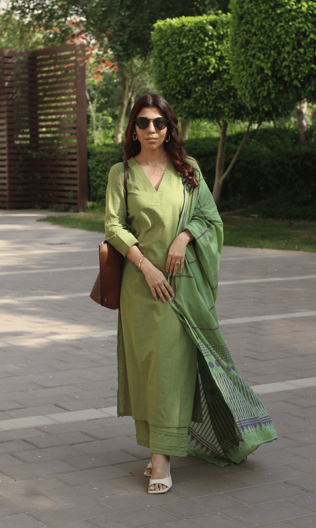Cotton Slub Pickle Green Suit with Cotton Line Wave Dupatta