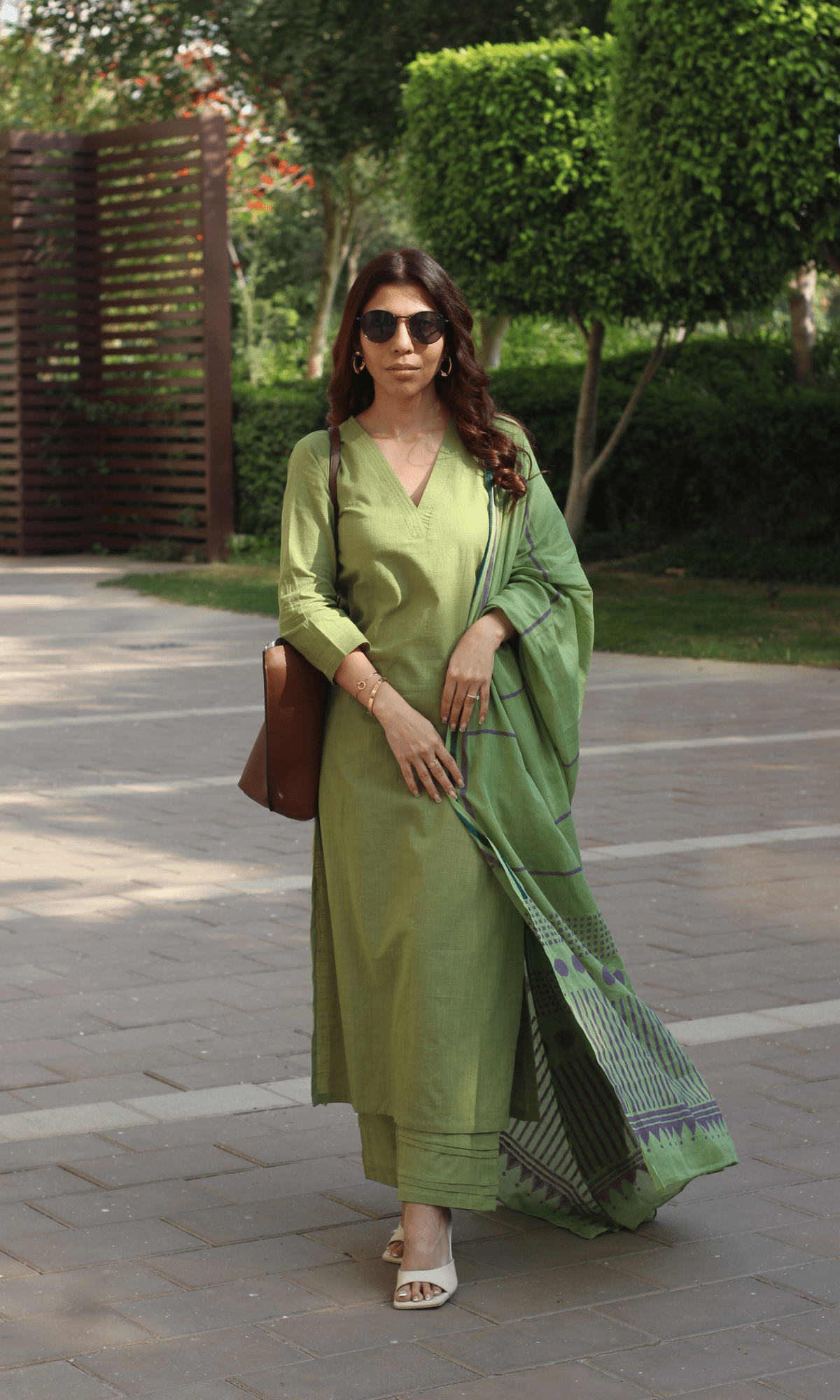 Cotton Slub Pickle Green Suit with Cotton Line Wave Dupatta