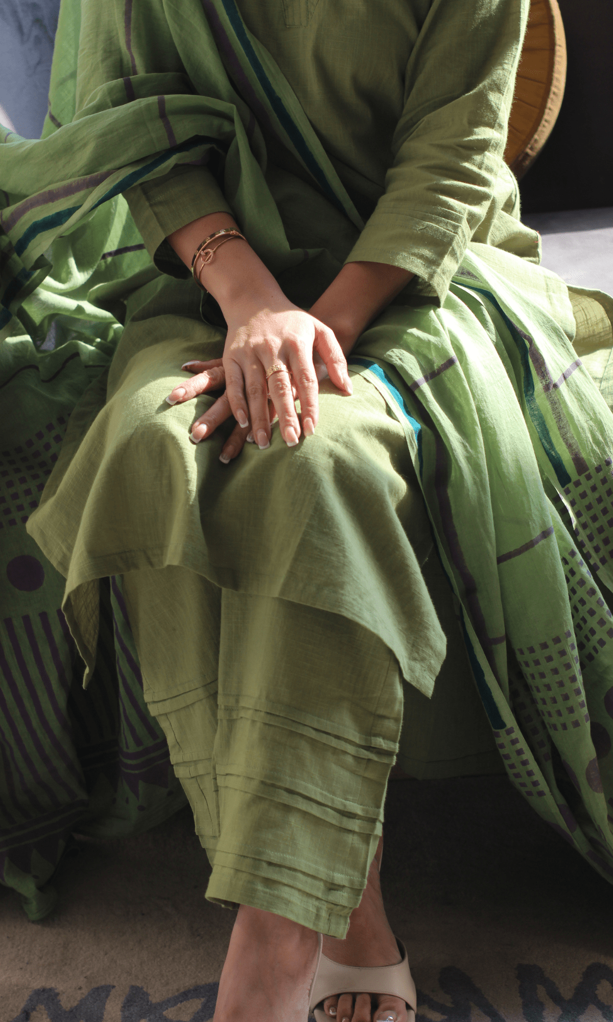 Cotton Slub Pickle Green Suit with Cotton Line Wave Dupatta