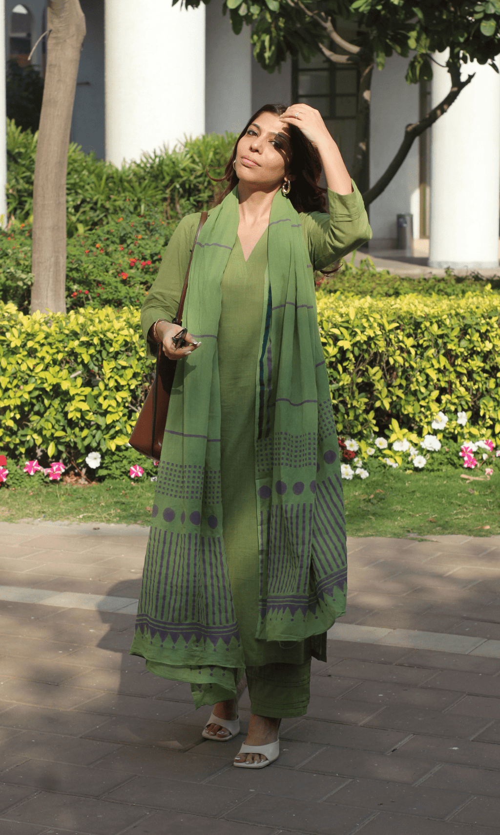 Cotton Slub Pickle Green Suit with Cotton Line Wave Dupatta