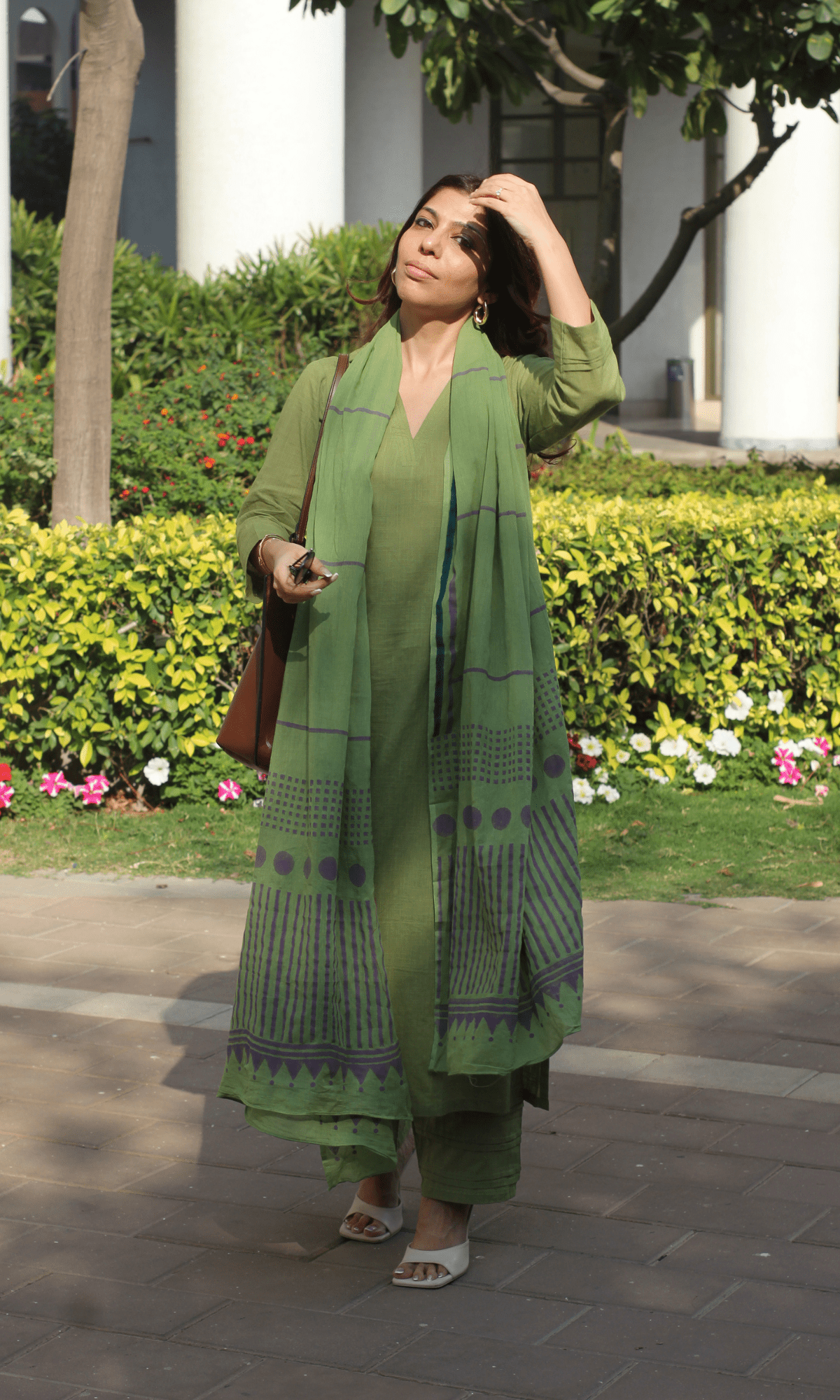 Cotton Slub Pickle Green Suit with Cotton Line Wave Dupatta
