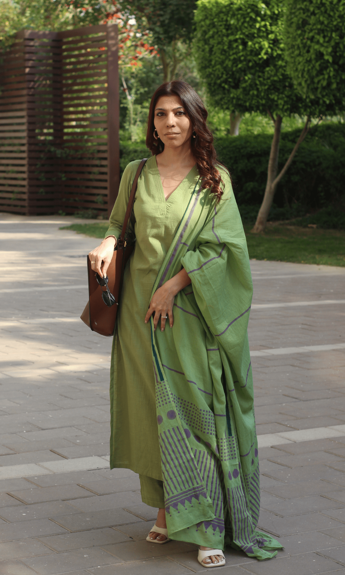Cotton Slub Pickle Green Suit with Cotton Line Wave Dupatta