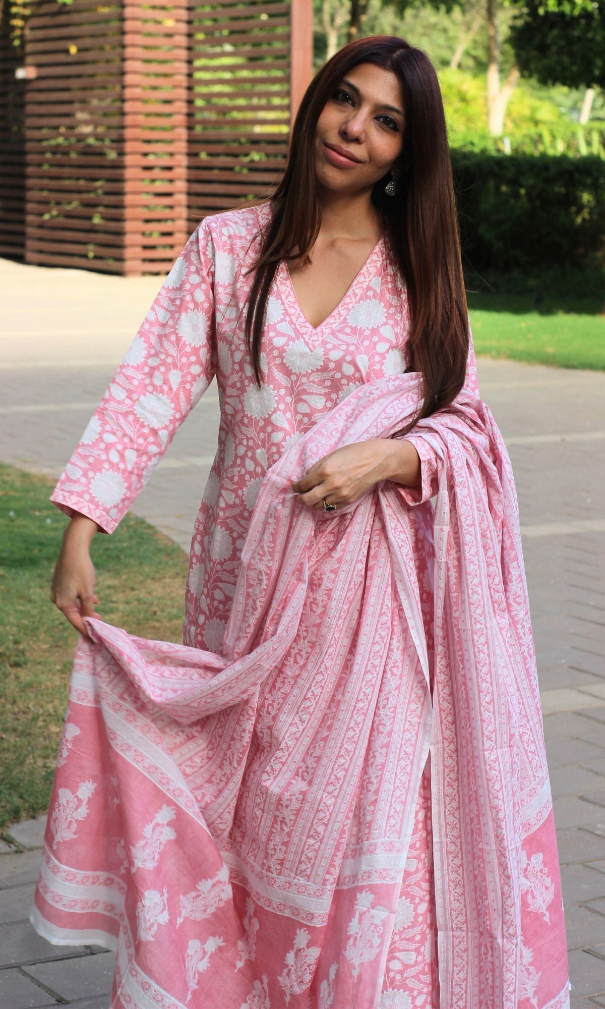 Cotton Soft Pink Printed Suit Set with Printed Cotton Dupatta