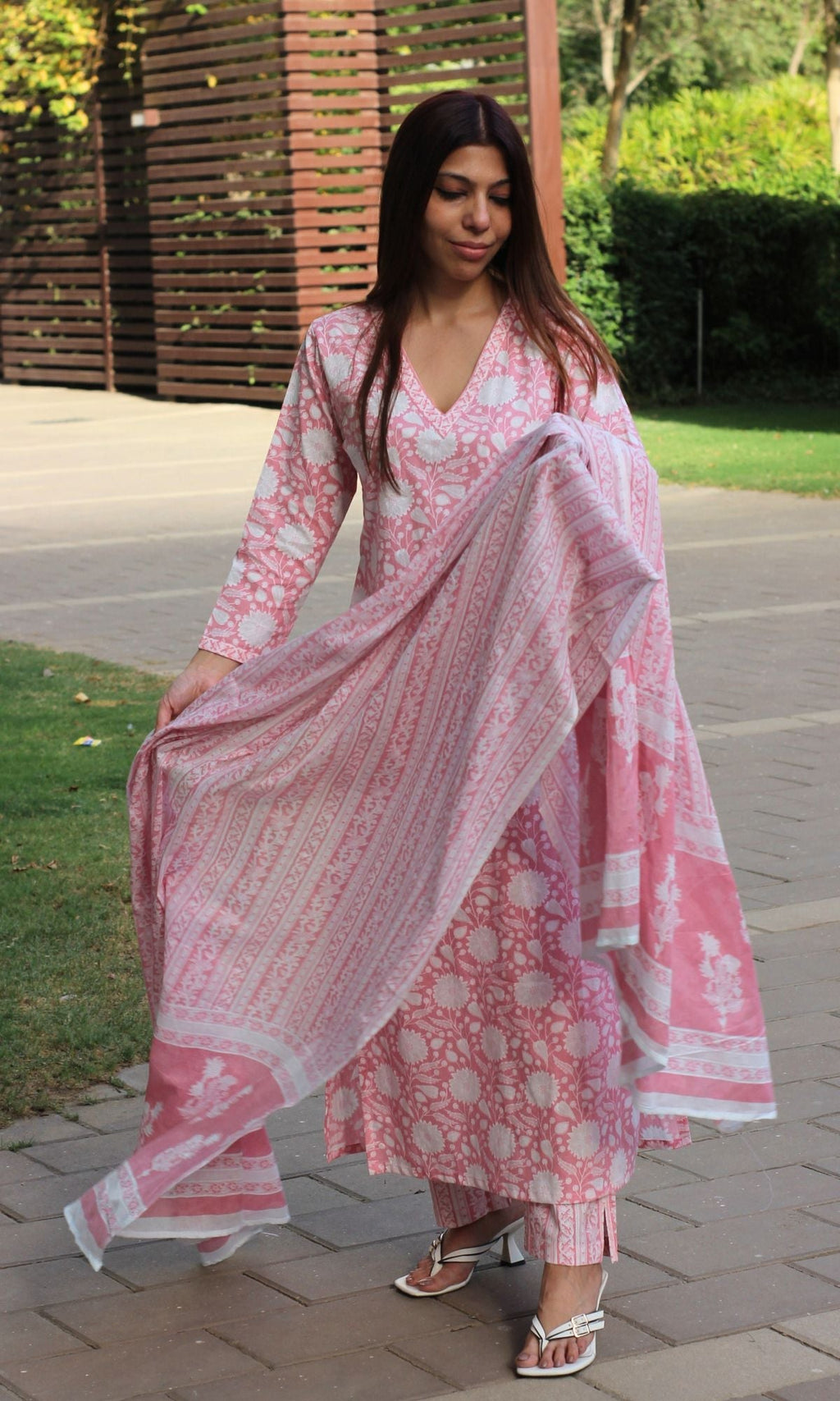 Cotton Soft Pink Printed Suit Set with Printed Cotton Dupatta