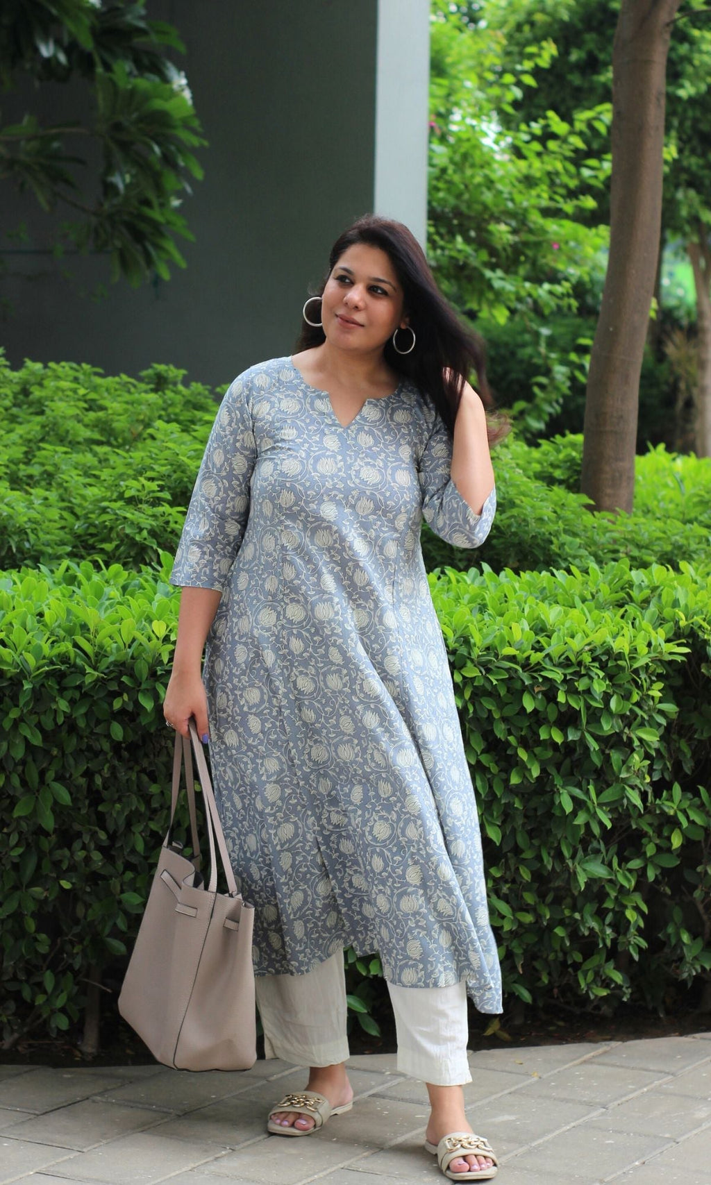 Cotton Steel Blue Printed Kali Kurta