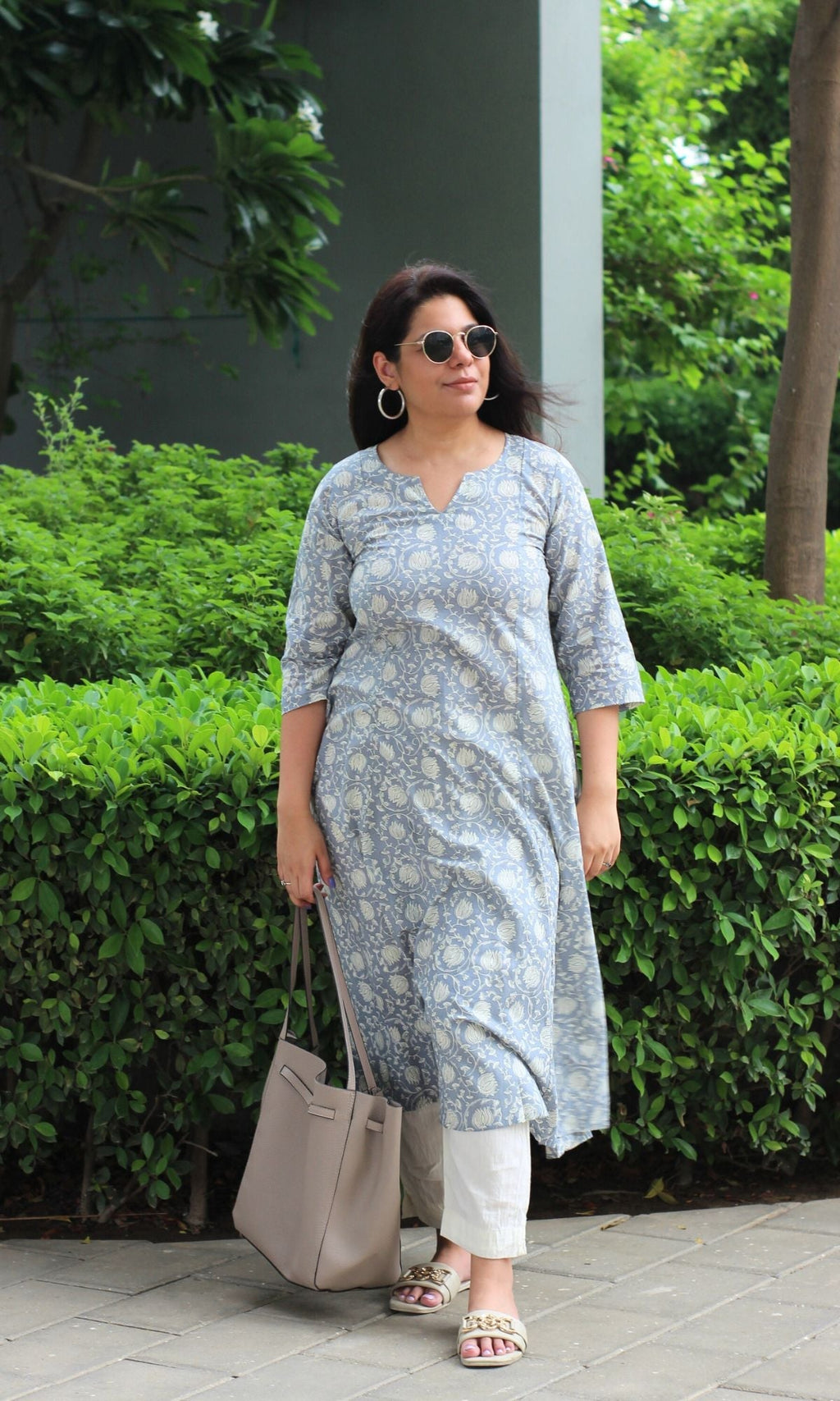 Cotton Steel Blue Printed Kali Kurta