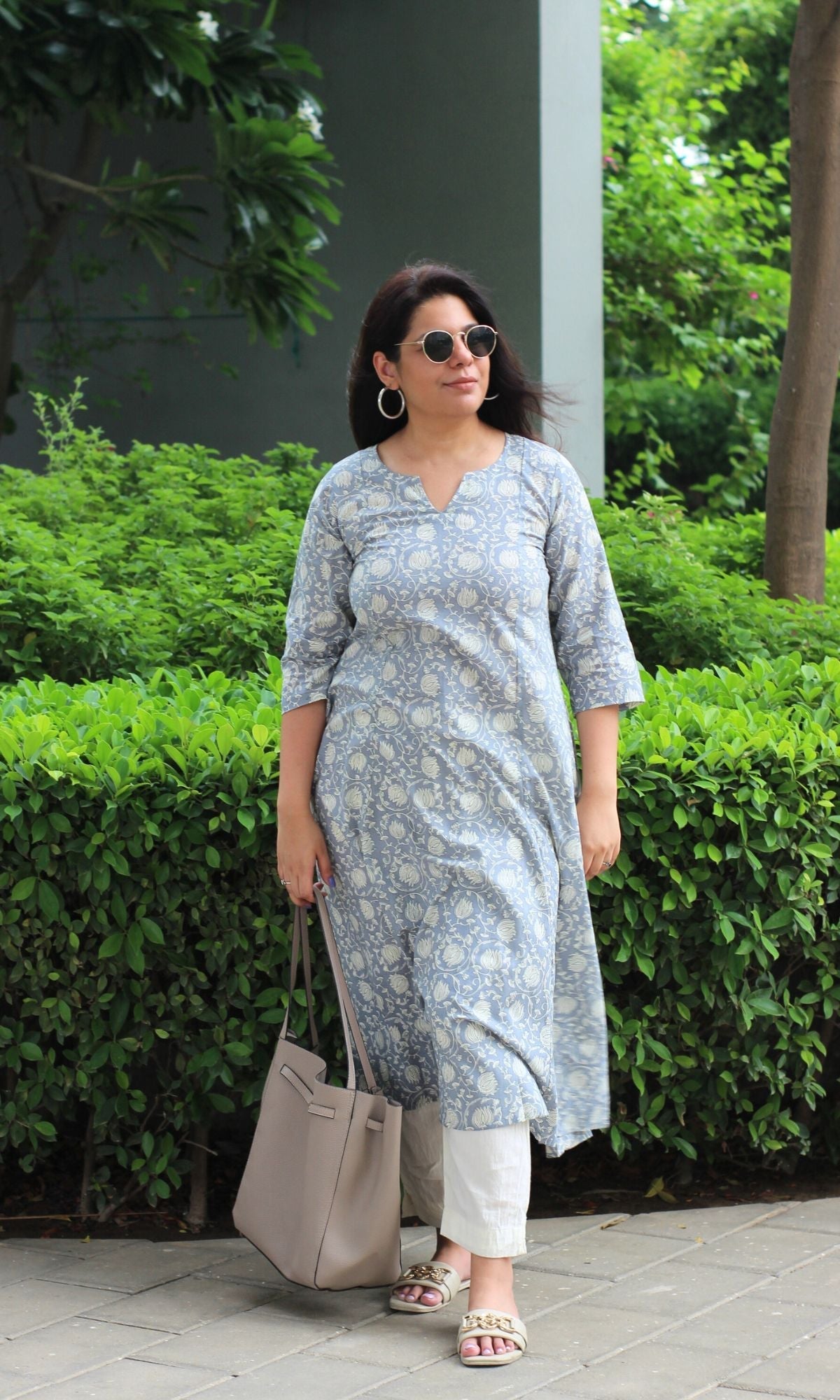 Cotton Steel Blue Printed Kali Kurta