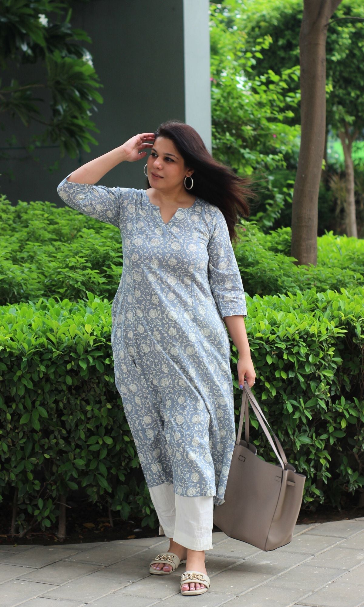 Cotton Steel Blue Printed Kali Kurta