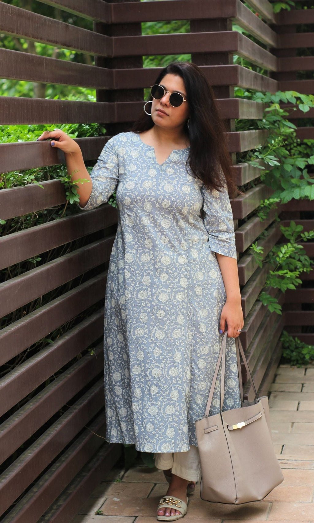 Cotton Steel Blue Printed Kali Kurta