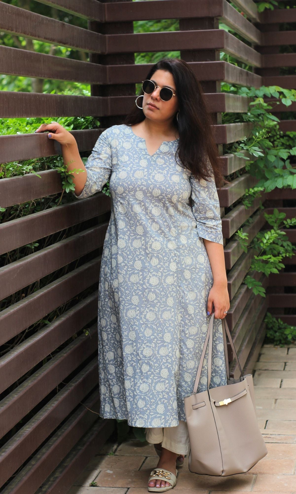 Cotton Steel Blue Printed Kali Kurta