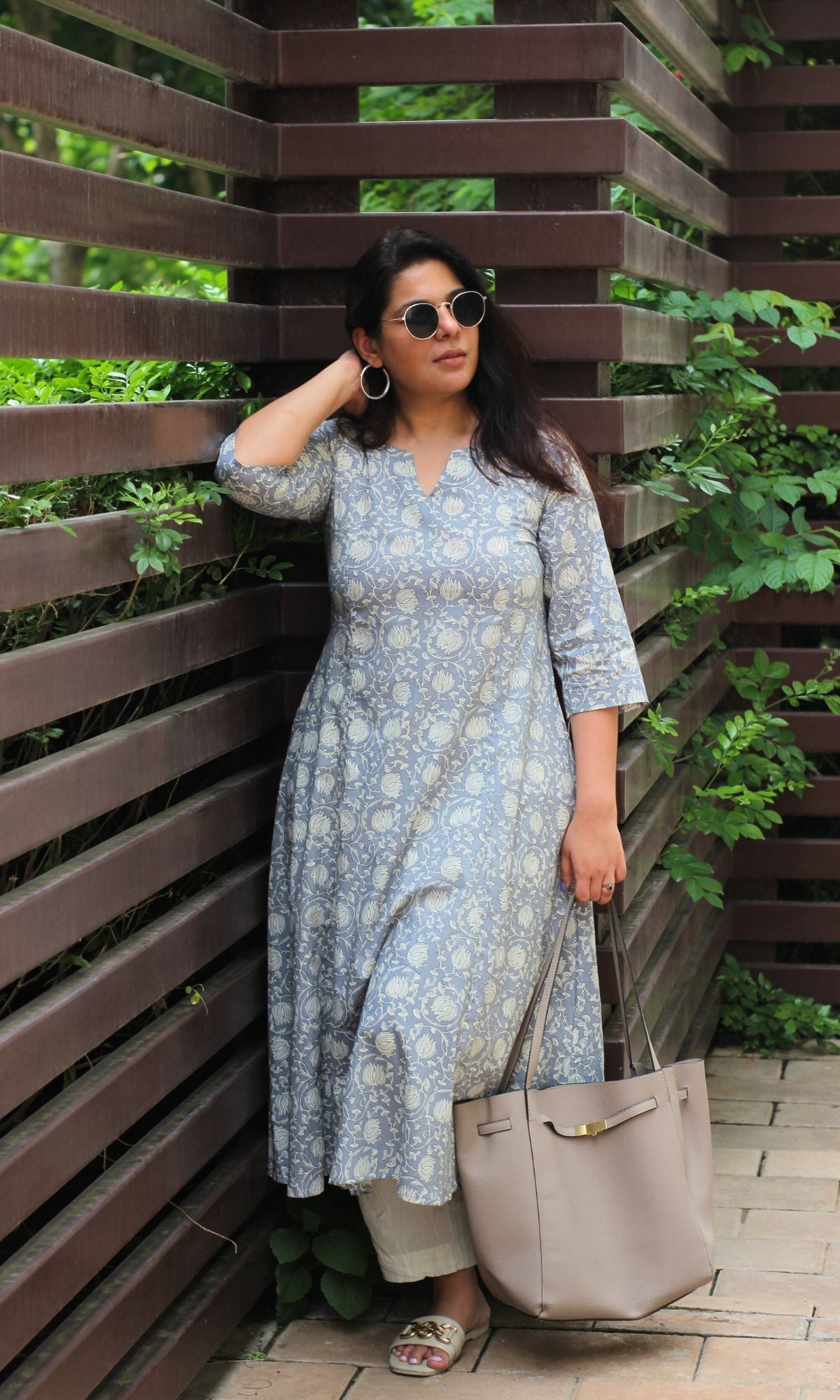 Cotton Steel Blue Printed Kali Kurta