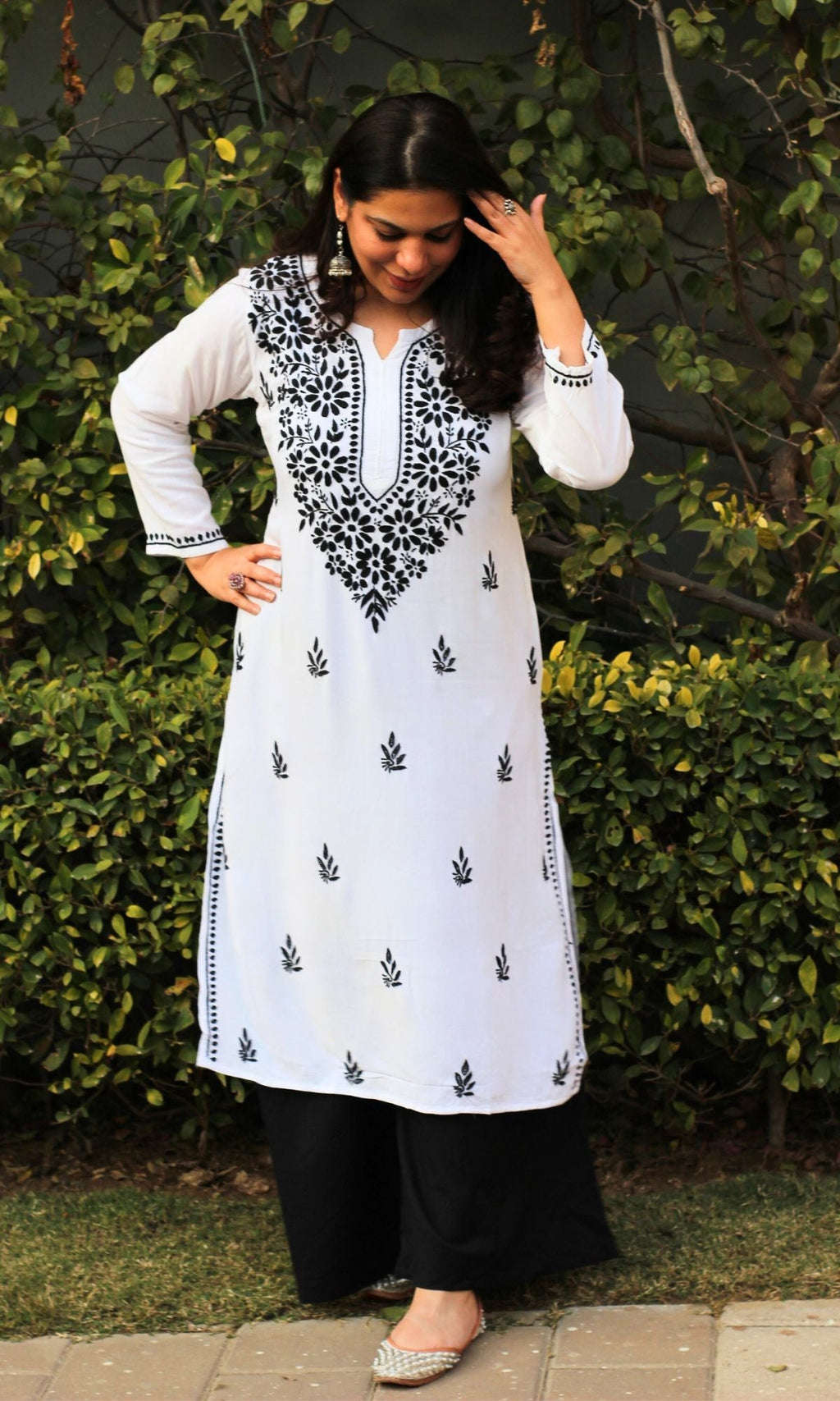 Cotton White and Black Handwork Chikankari Kurta