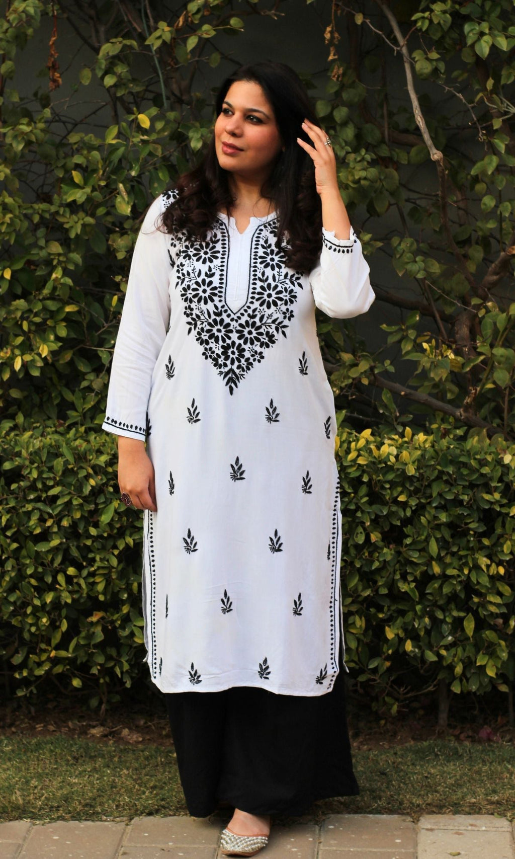 Cotton White and Black Handwork Chikankari Kurta