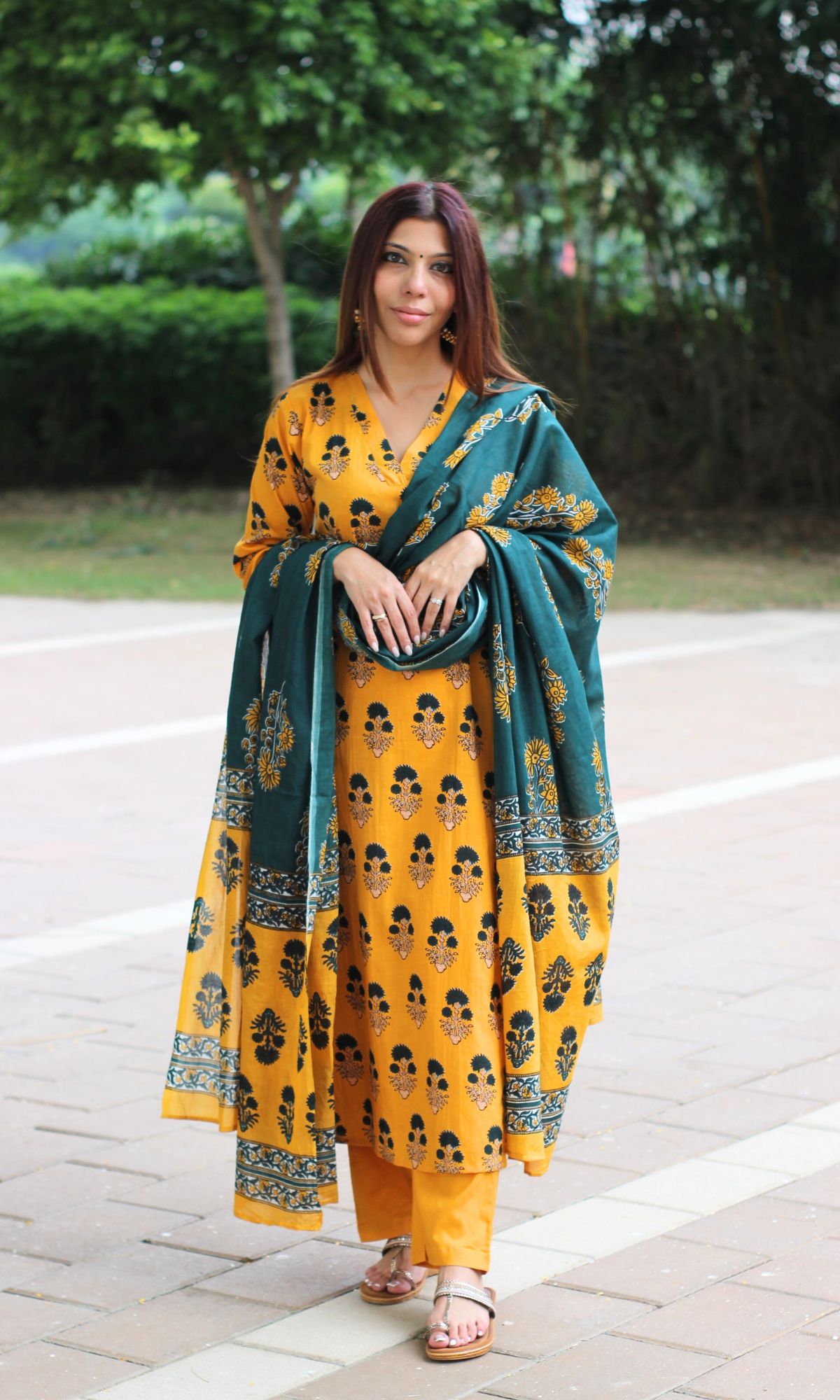 Cotton Yellow & Green Boota Print Suit Set with Printed Dupatta