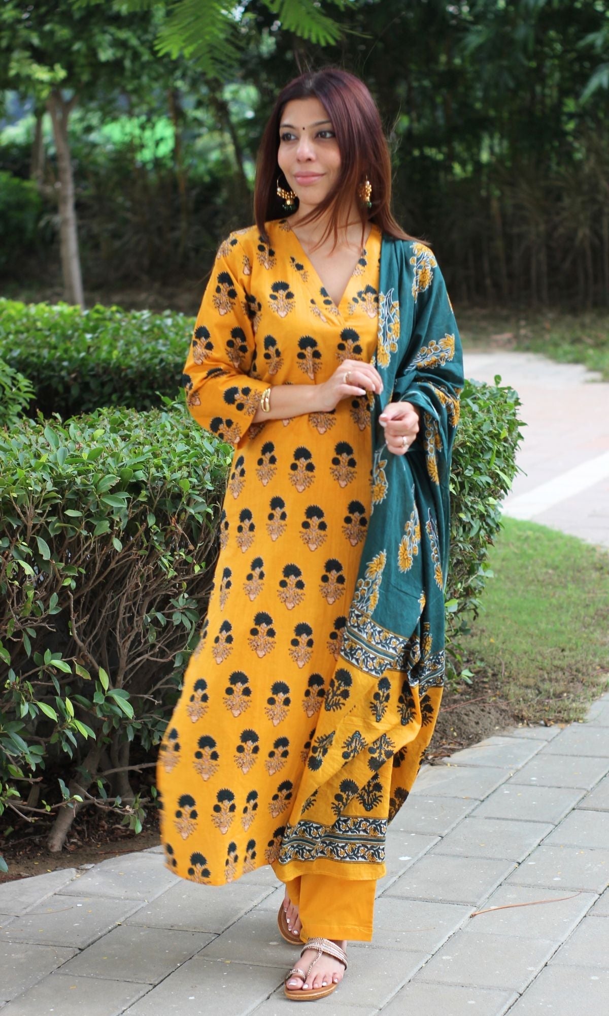 Cotton Yellow & Green Boota Print Suit Set with Printed Dupatta