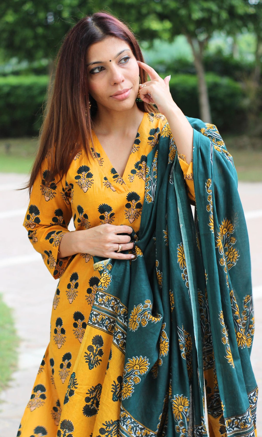 Cotton Yellow & Green Boota Print Suit Set with Printed Dupatta