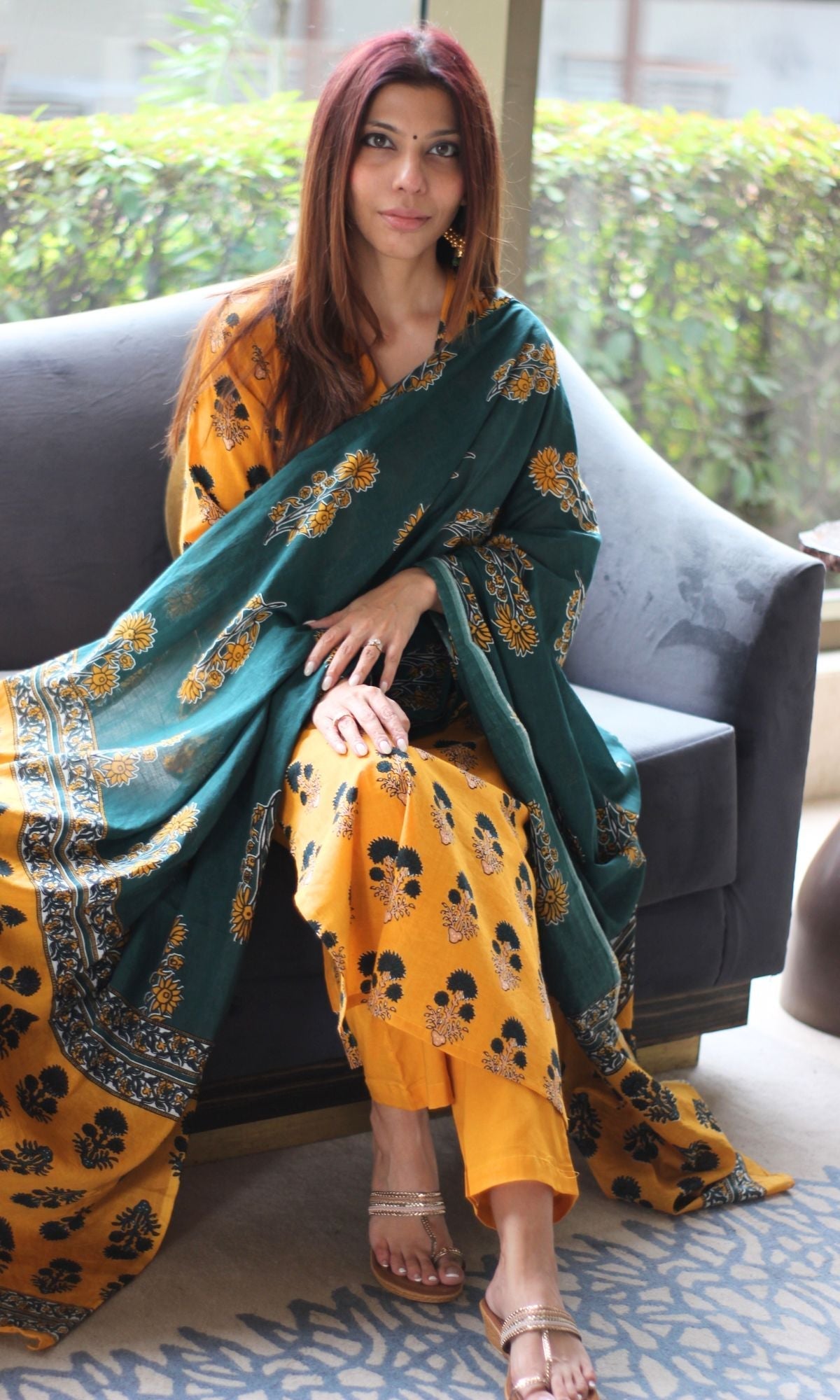 Cotton Yellow & Green Boota Print Suit Set with Printed Dupatta