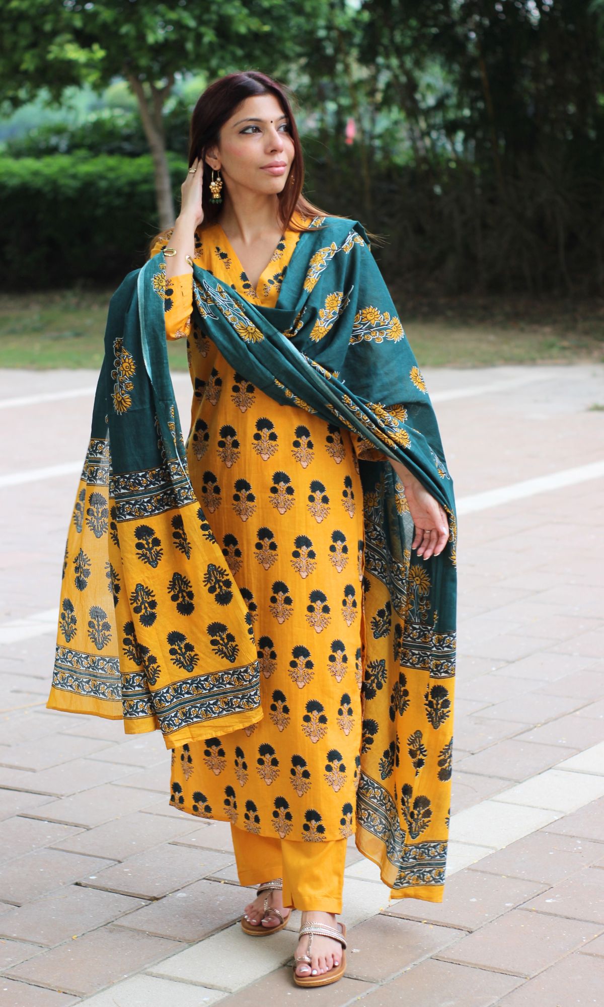 Cotton Yellow & Green Boota Print Suit Set with Printed Dupatta