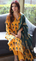 Cotton Yellow & Green Boota Print Suit Set with Printed Dupatta