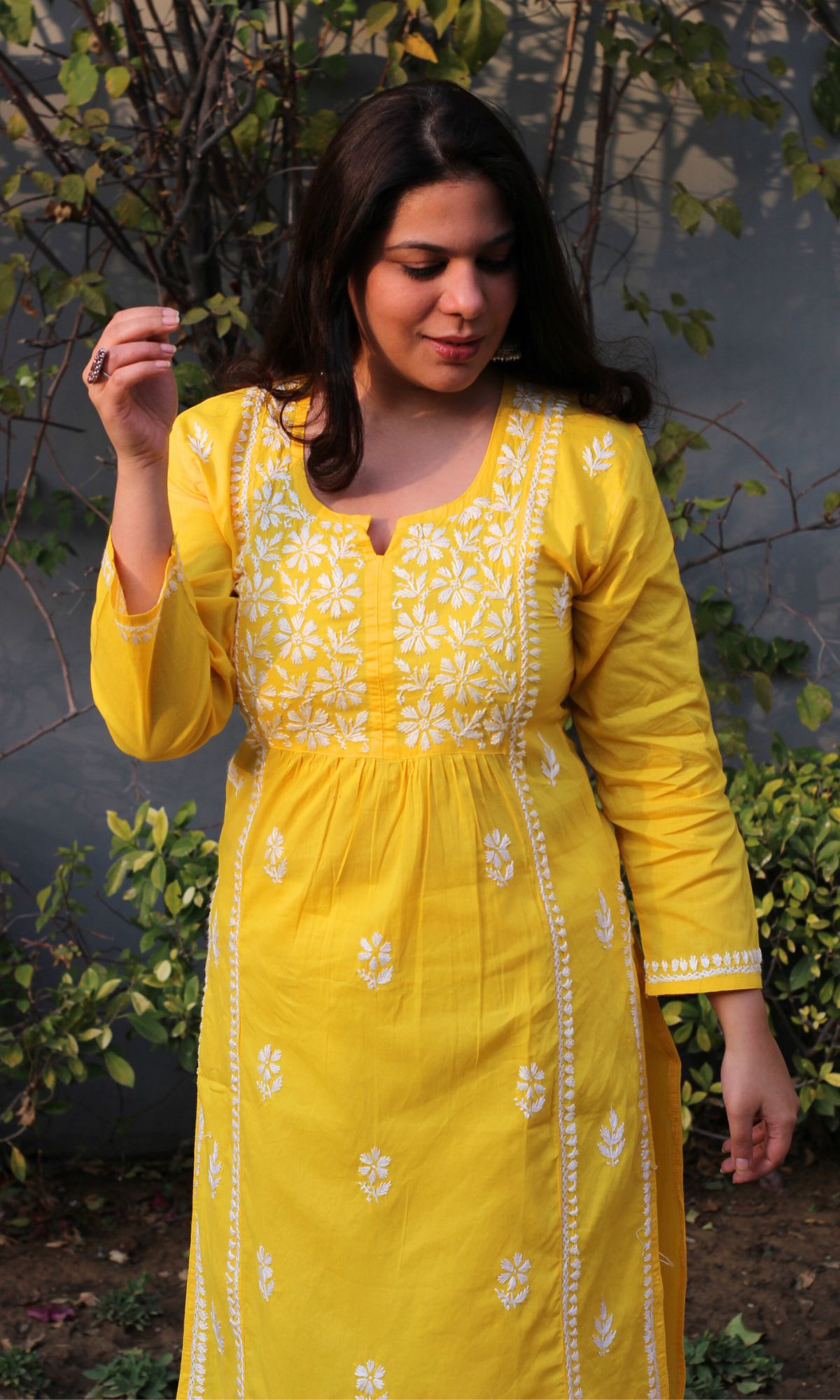 Cotton Yellow Handwork Chikankari Naira Cut Kurta