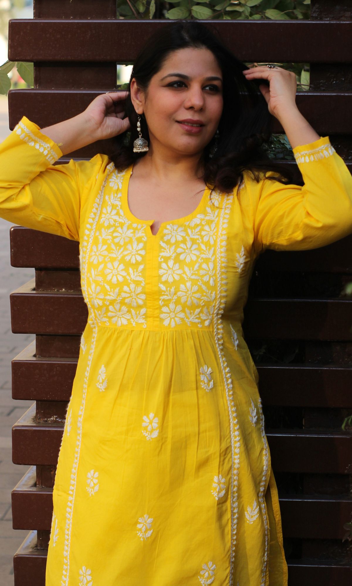 Cotton Yellow Handwork Chikankari Naira Cut Kurta