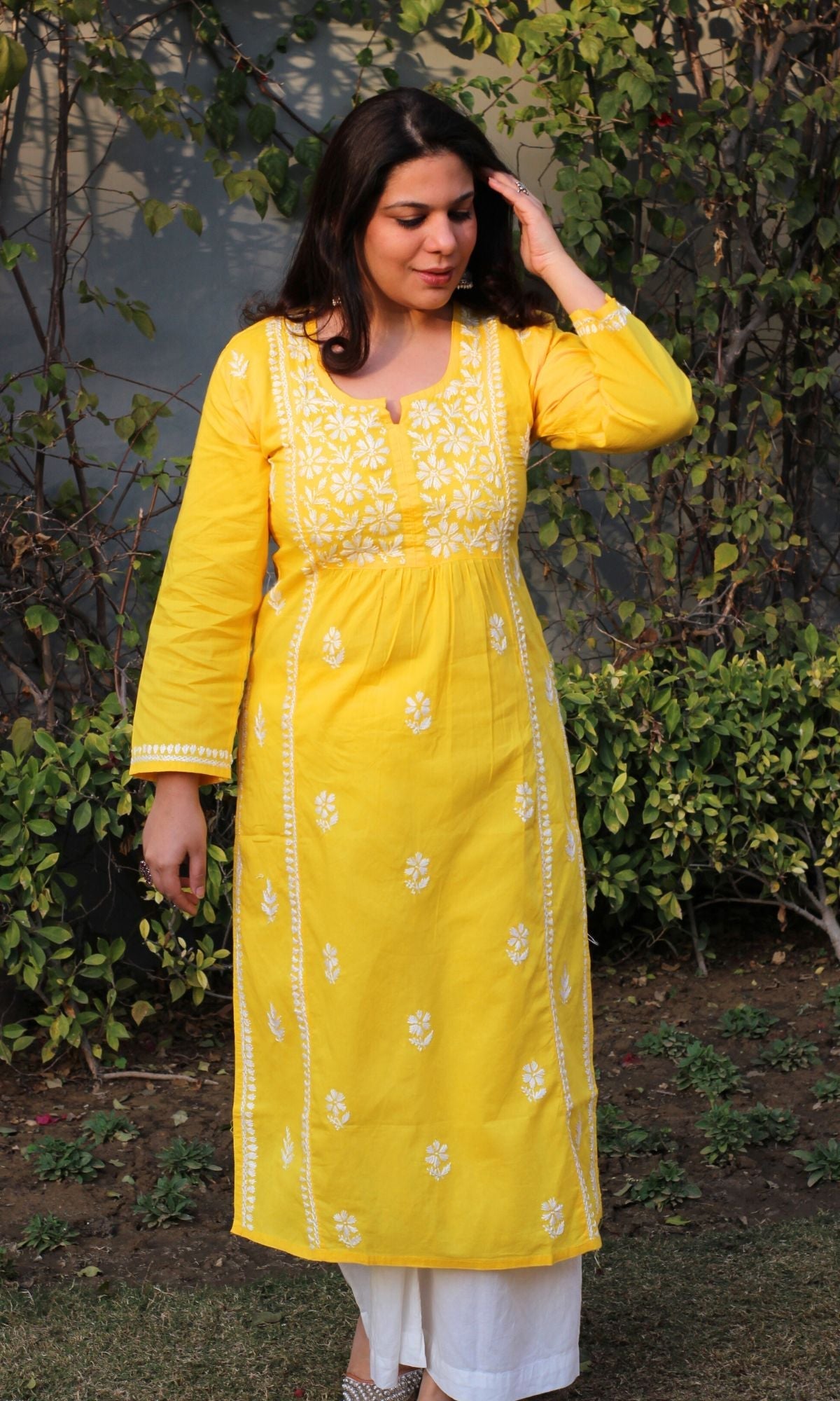 Cotton Yellow Handwork Chikankari Naira Cut Kurta