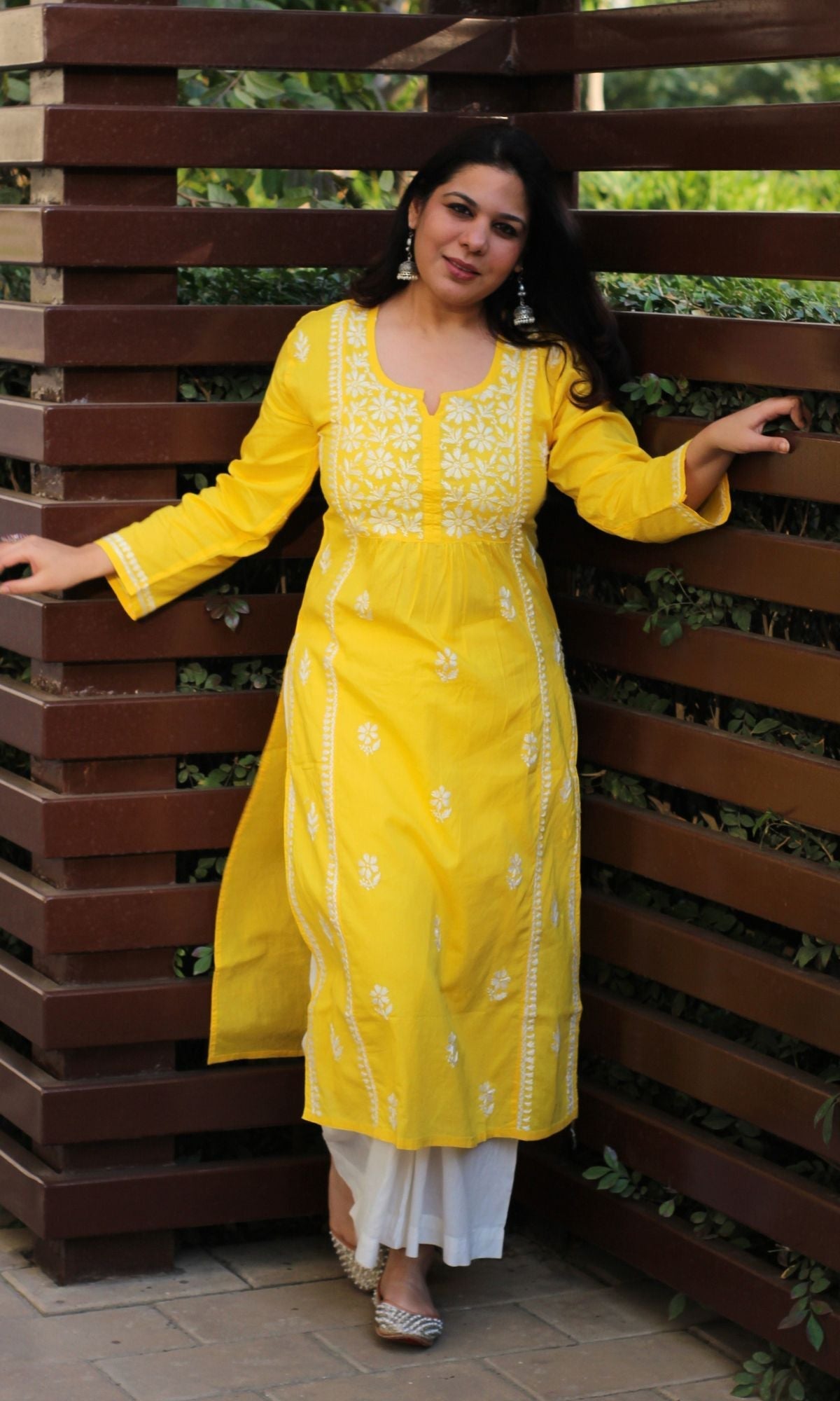 Cotton Yellow Handwork Chikankari Naira Cut Kurta