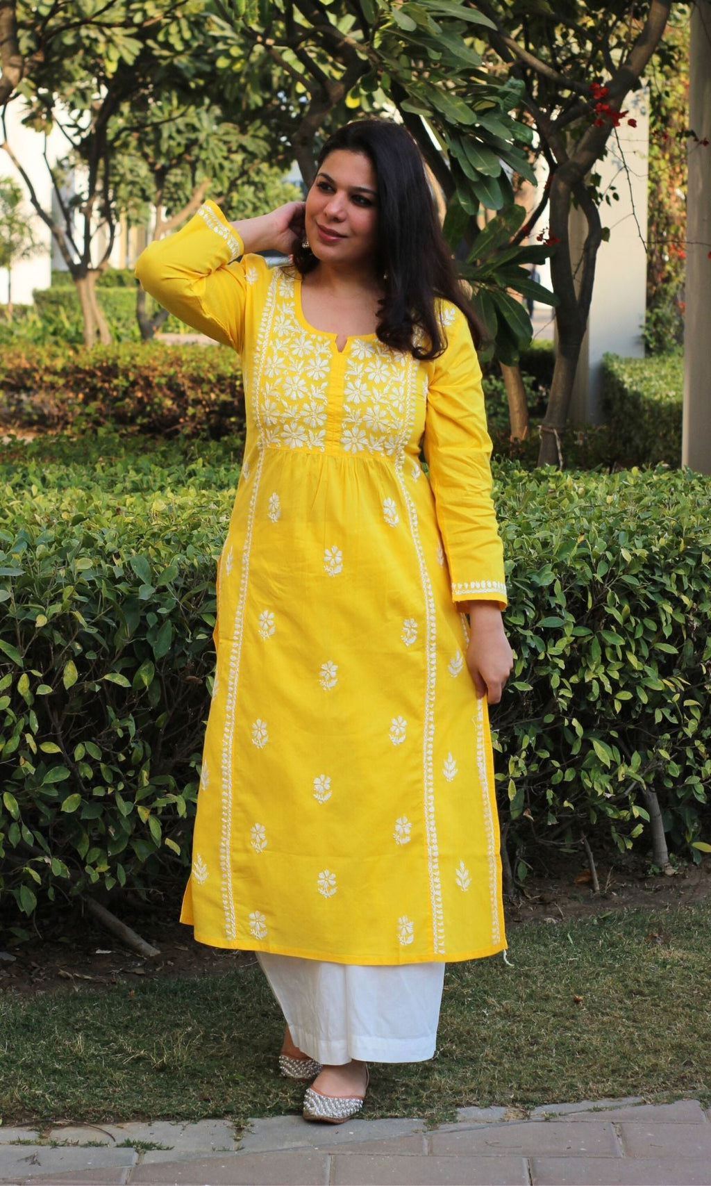 Cotton Yellow Handwork Chikankari Naira Cut Kurta