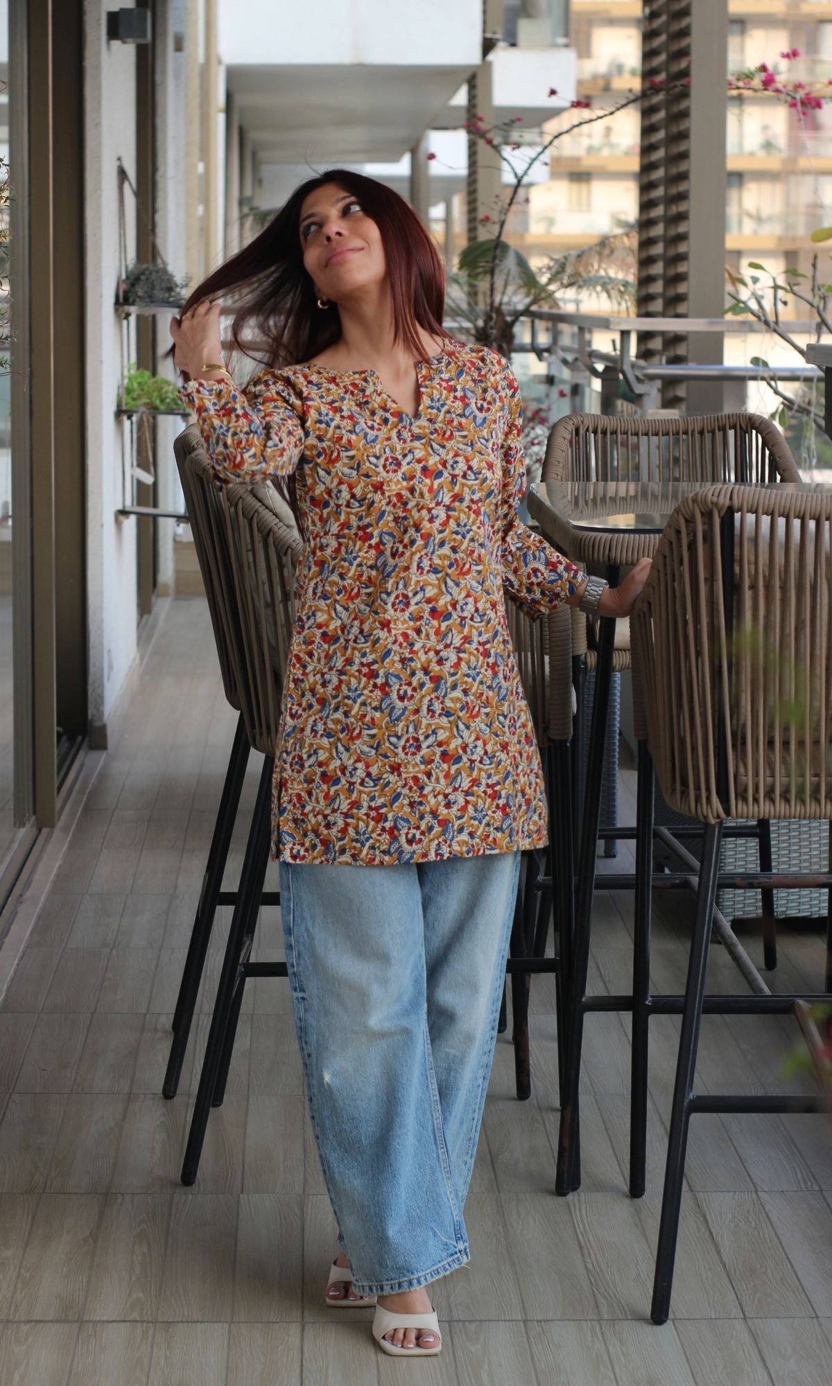 Cotton Yellow & Red Print Kalamkari Short Kurta